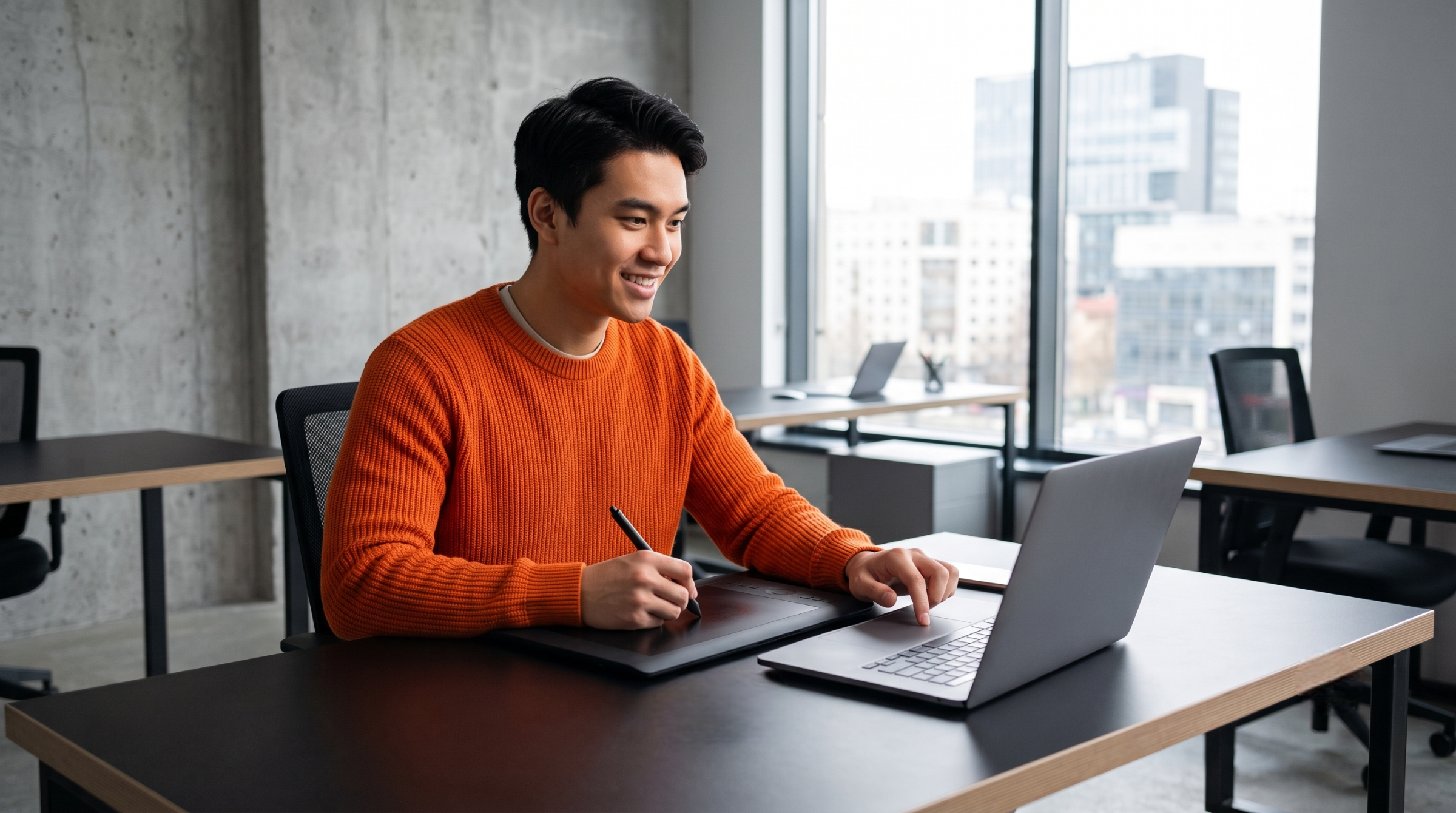 A smiling offshore animator in an orange sweater using a graphics tablet and laptop at an office desk