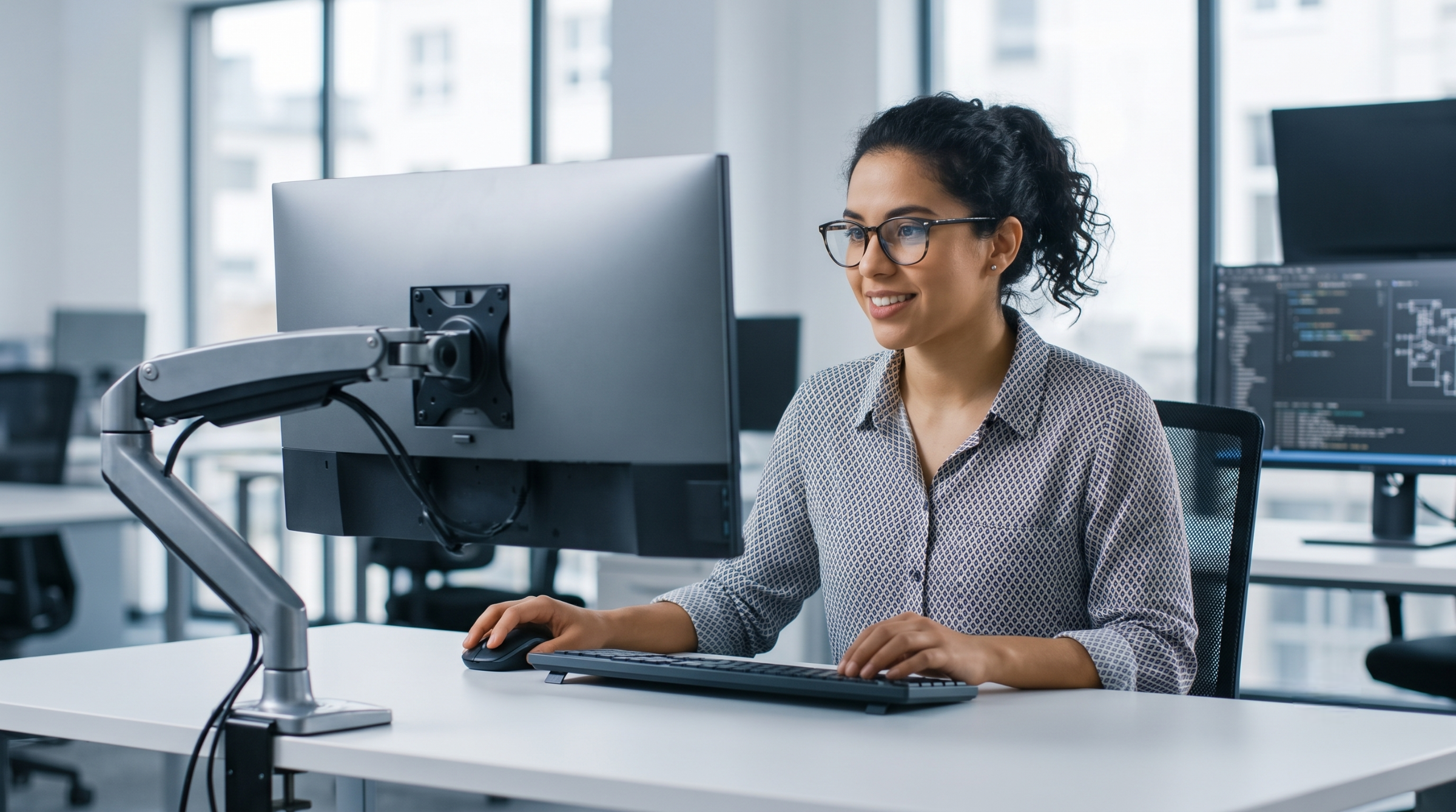 professional female autocad designer for hire working on a desktop computer at a modern office desk