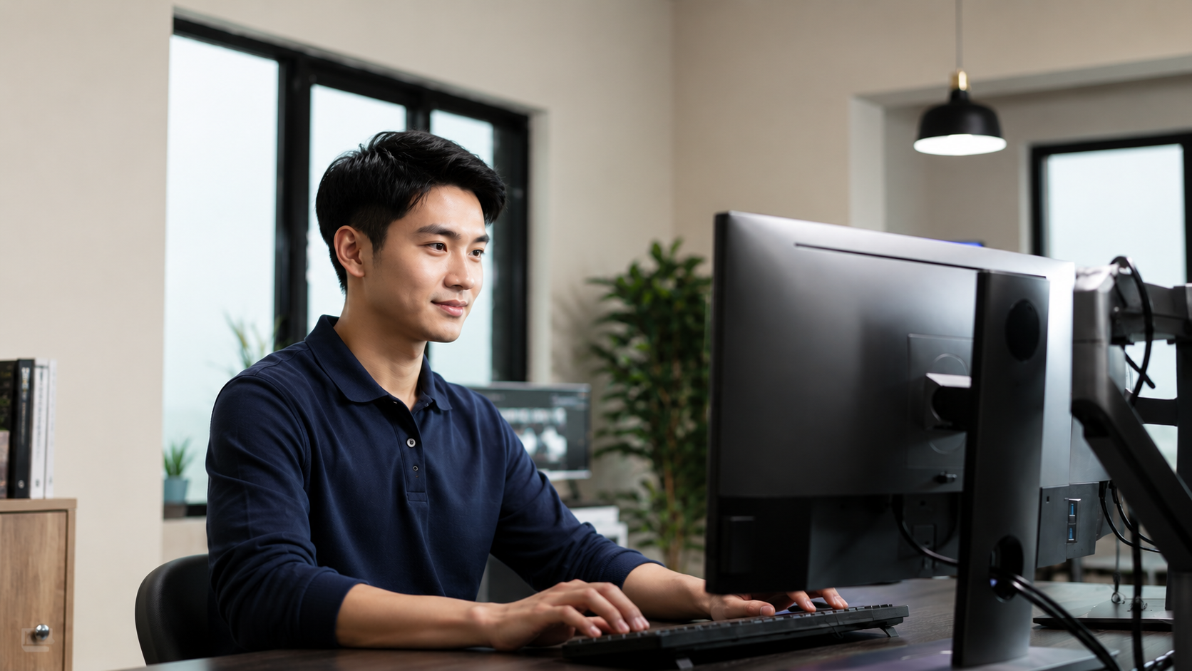 male draftsman working at a dual-monitor workstation, showcasing reliable autocad design outsourcing services