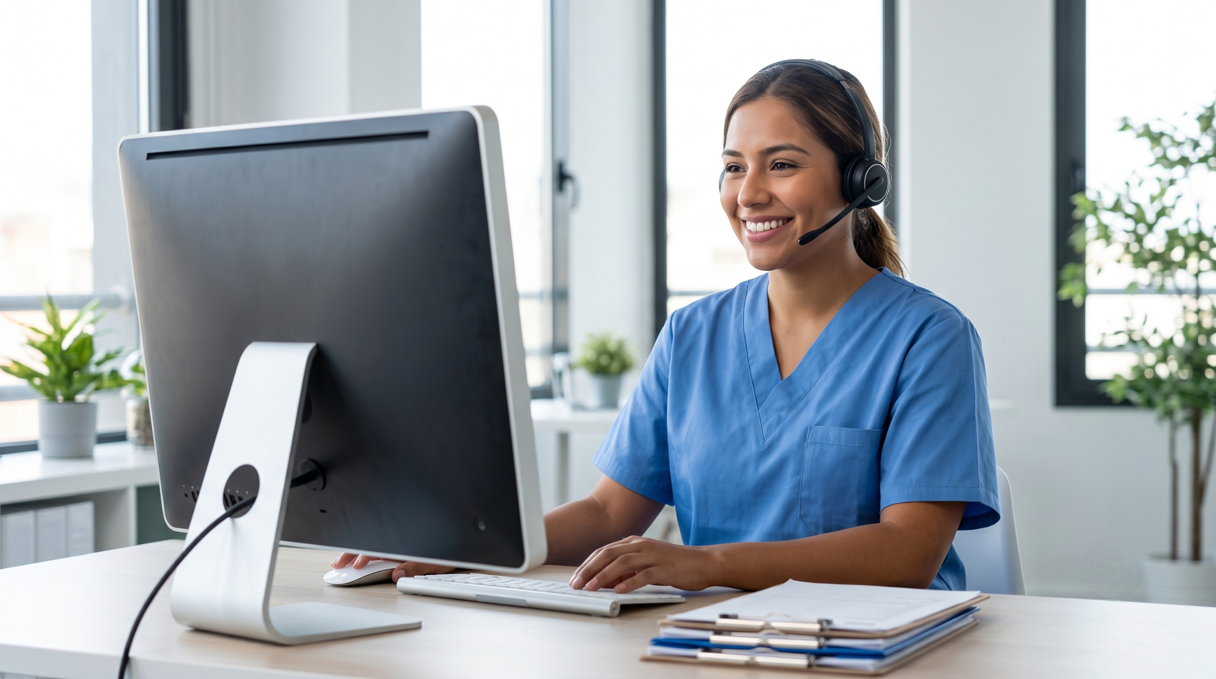 A female healthcare professional at a computer desk handling clinical trial outsourcing support services in Colombia