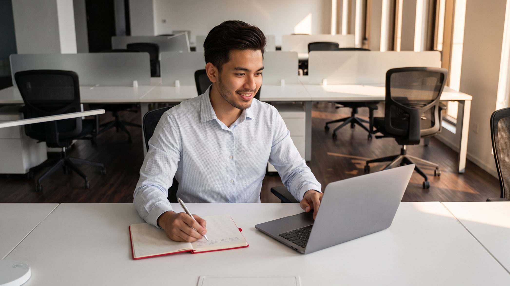 A man taking notes while working on a laptop, demonstrating professional demand planning outsourcing solutions