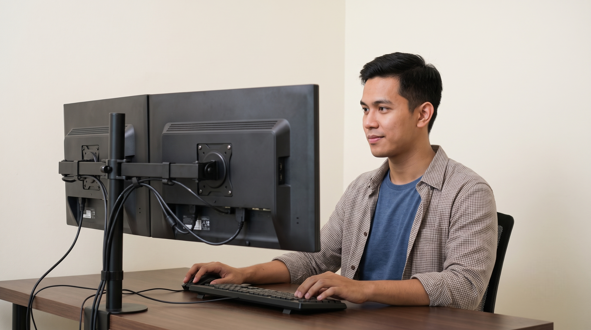 A specialist handling electrical estimating outsourcing in Malaysia using a dual-monitor setup