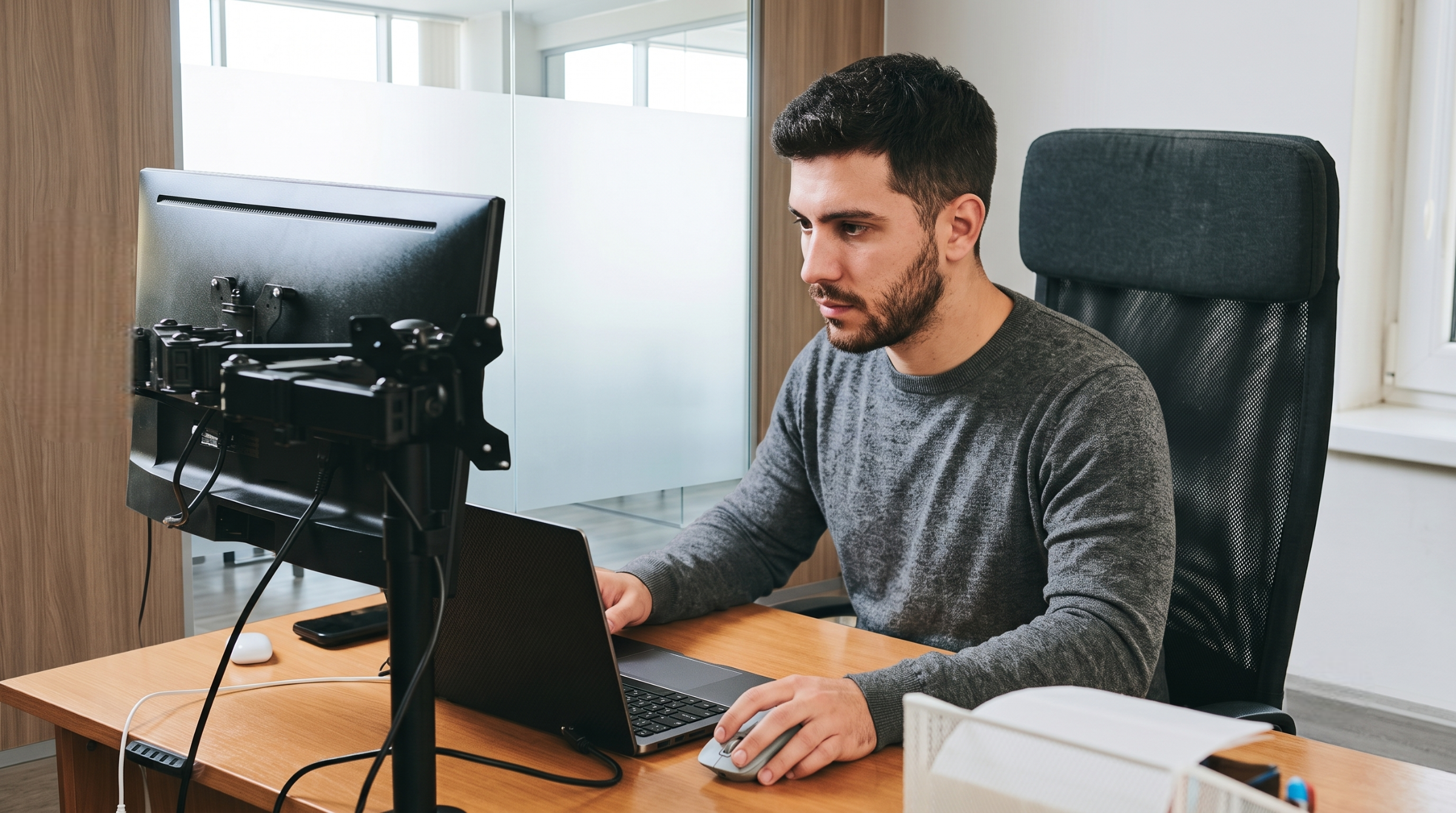 specialist looking intently at dual monitors, illustrating integration outsourcing solutions based in Argentina
