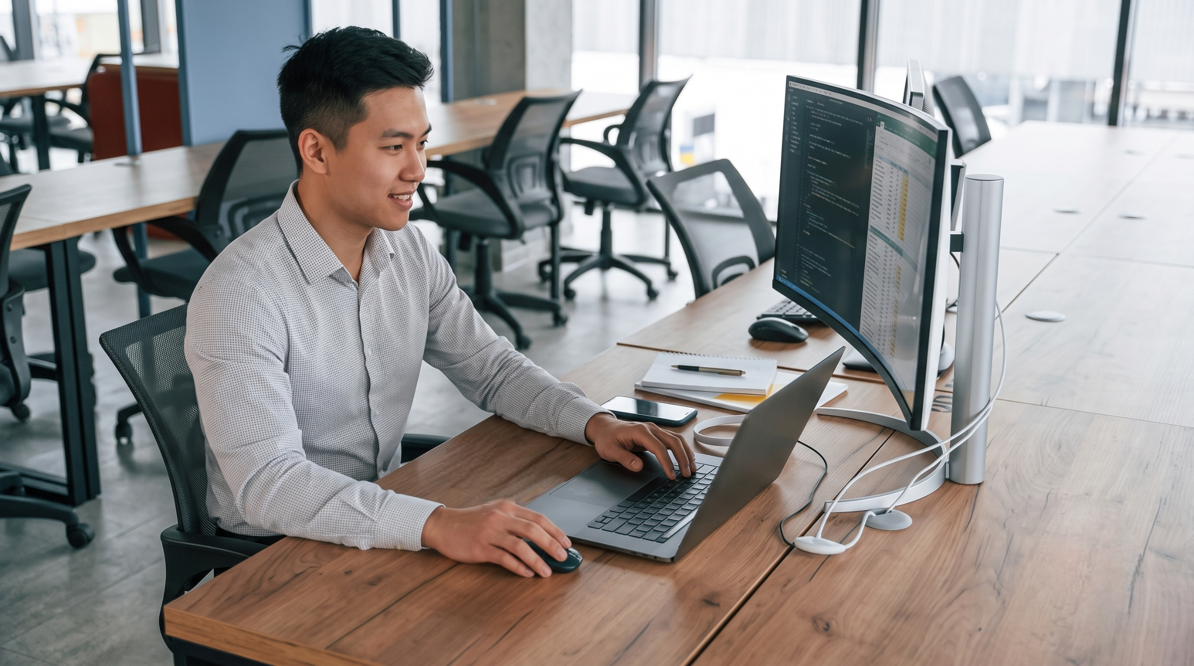 developer working with code on a curved monitor and laptop, representing options to hire an integration engineer from Vietnam