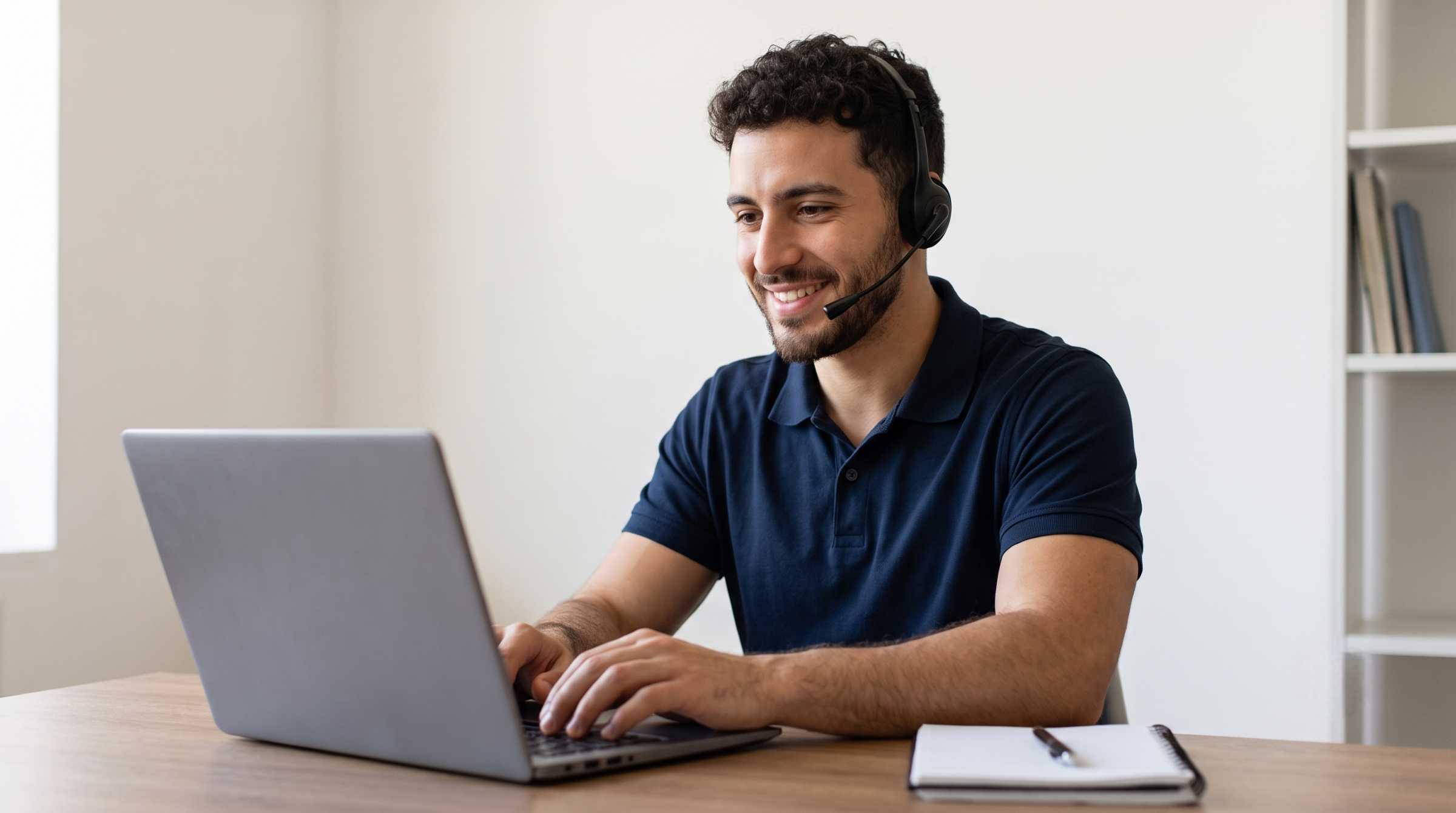 Male agent using a laptop to provide outsourced live chat support in Argentina