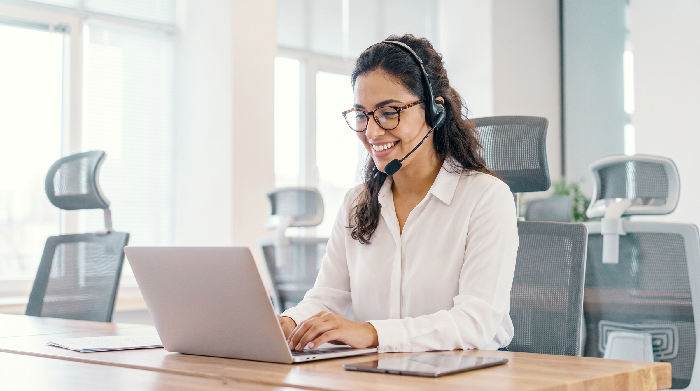 Professional woman wearing headset assisting customers via live chat support outsourcing in Colombia