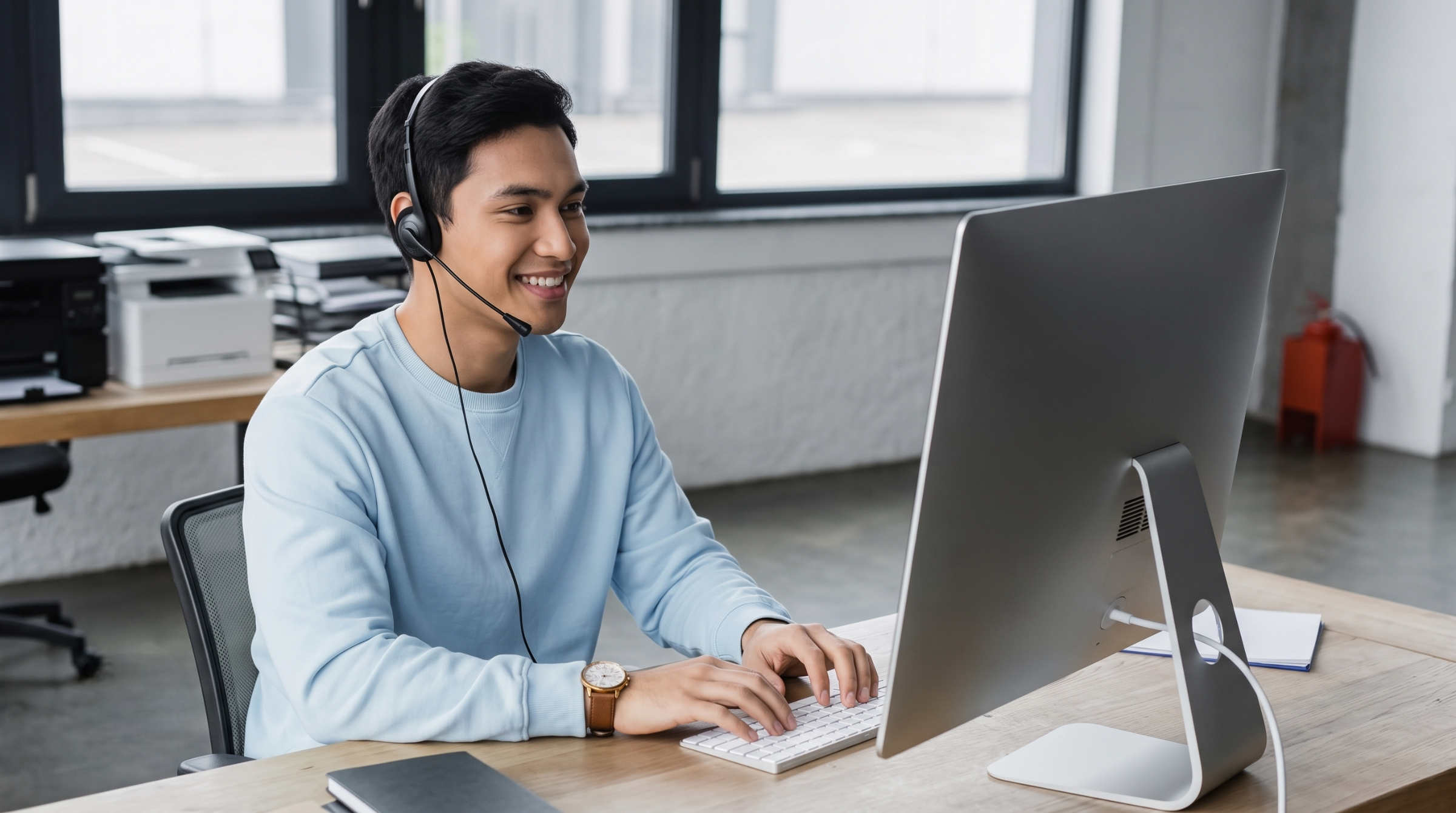 Male remote live chat support agent in Malaysia smiling at a desktop computer with a headset