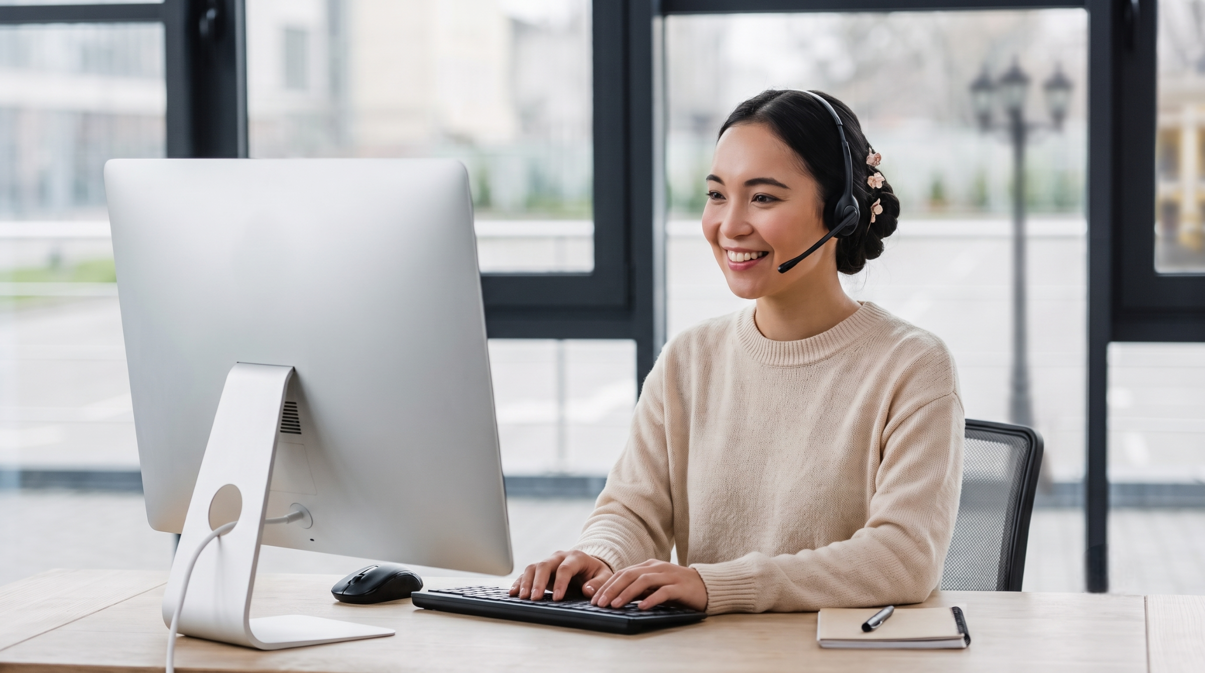 Female agent sitting at a desk to outsource live chat support for international clients