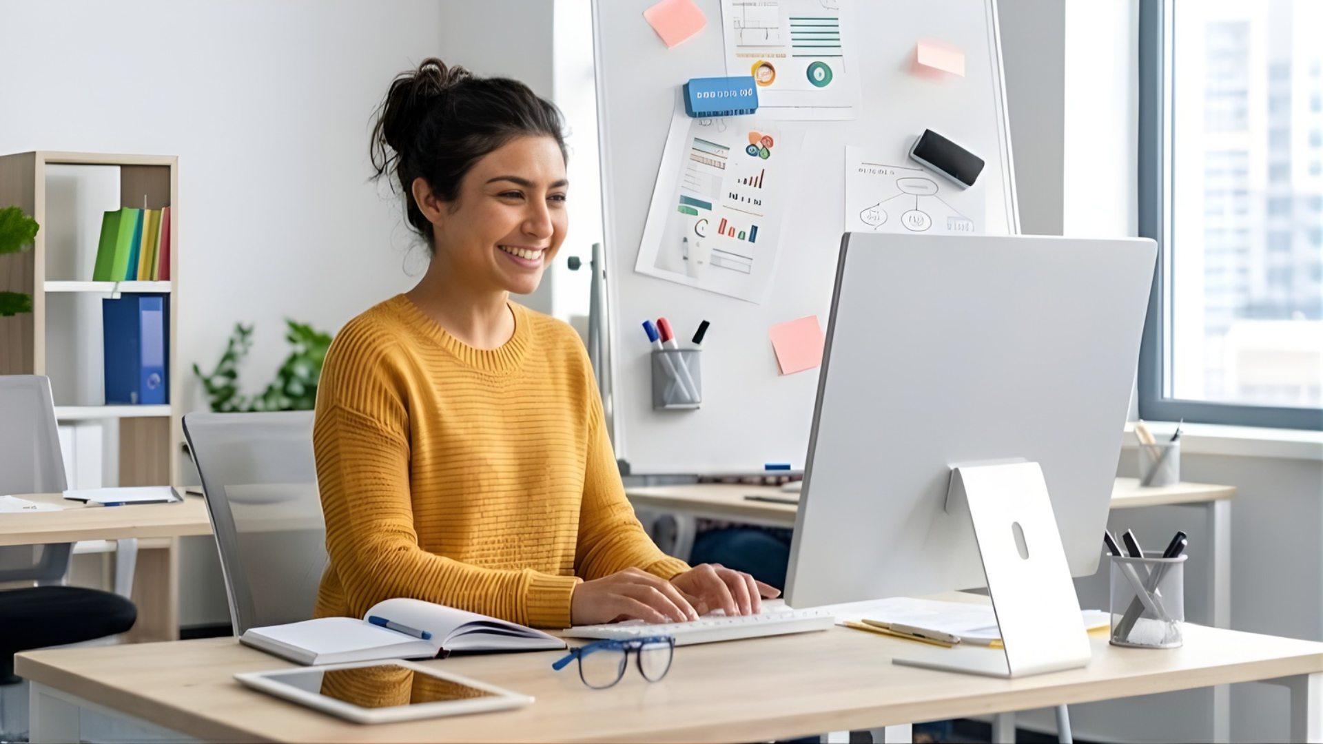 An outsourced marketing assistant happily typing on a computer keyboard in a bright, modern office space