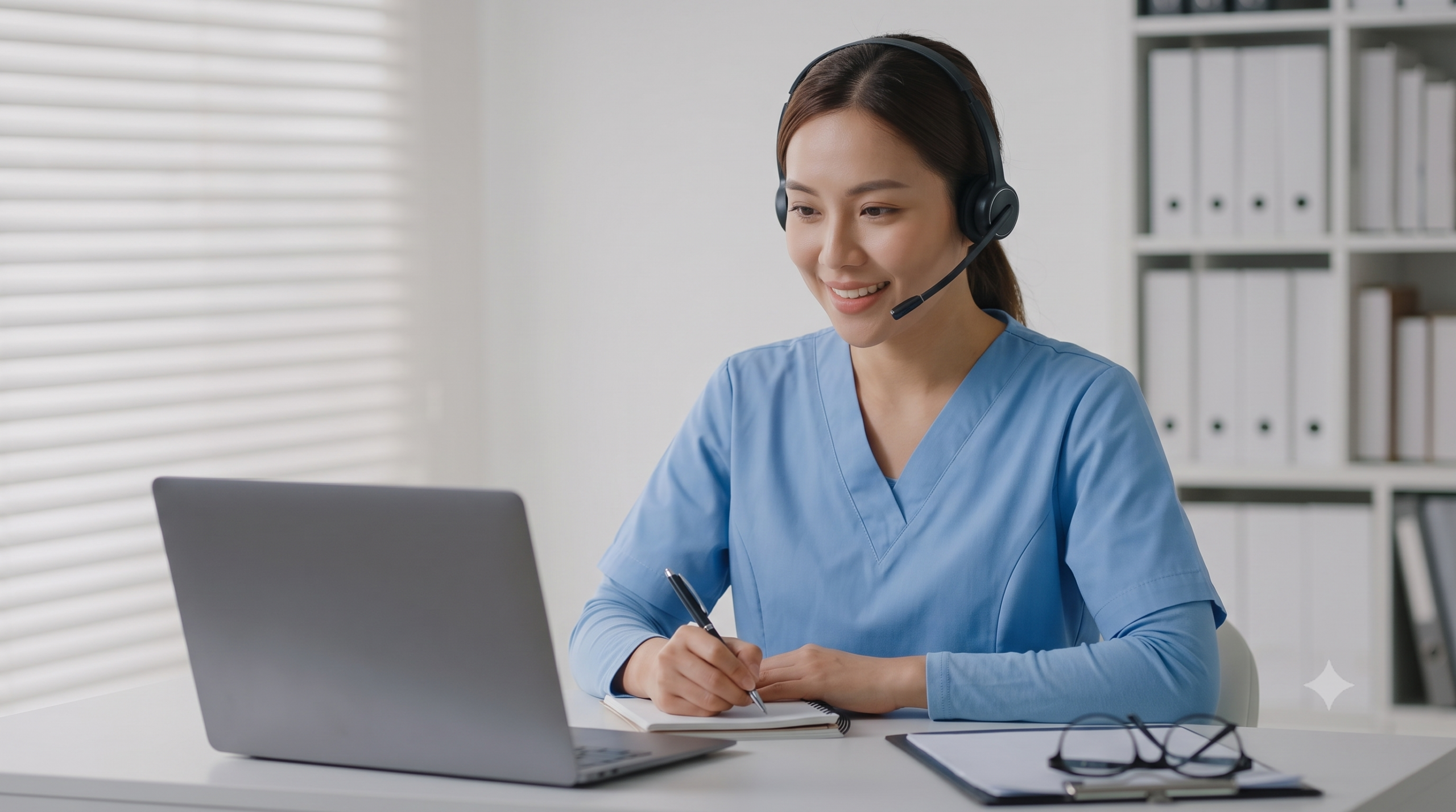 friendly medical virtual assistant in blue scrubs writing in a notebook while looking at her laptop