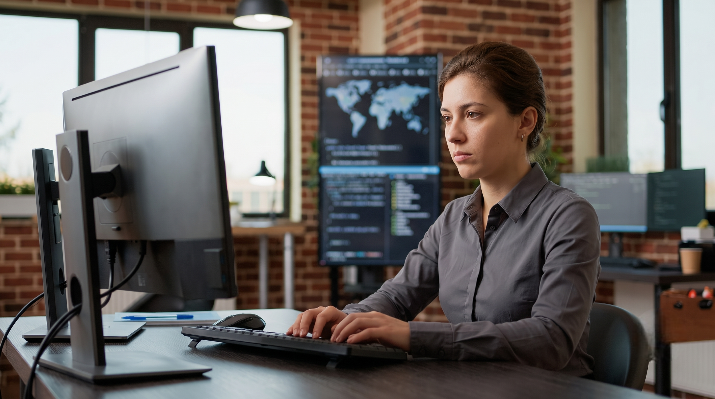 A specialist focusing on platform engineering outsourcing while analyzing data on multiple screens