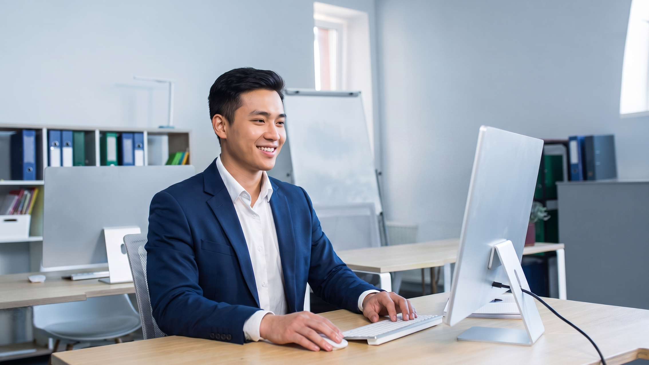 remote property manager in vietnam working happy in a bright office setup