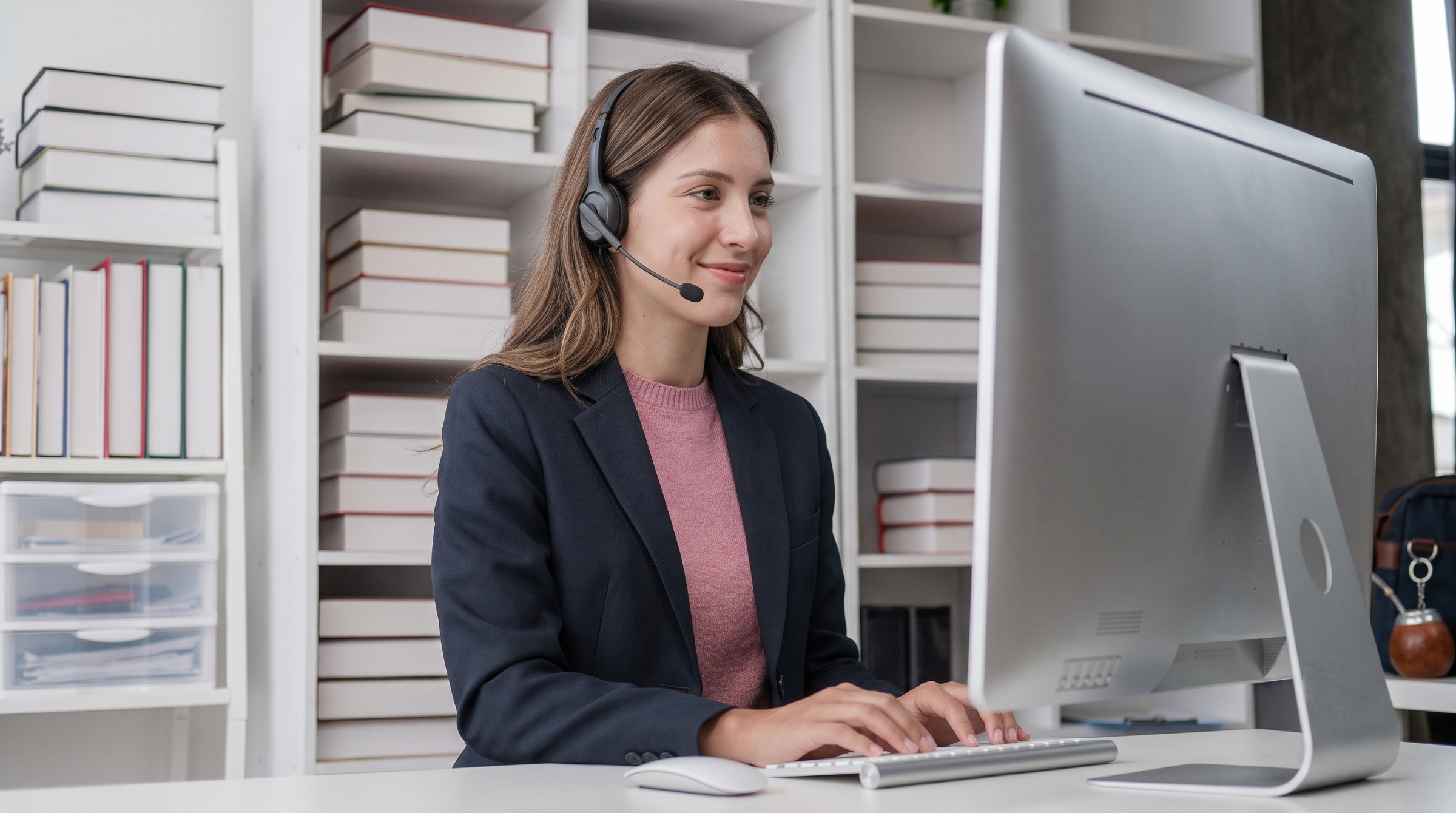 Argentine woman working as a remote telemarketer in an office, wearing a corporate headset and typing on a desktop computer