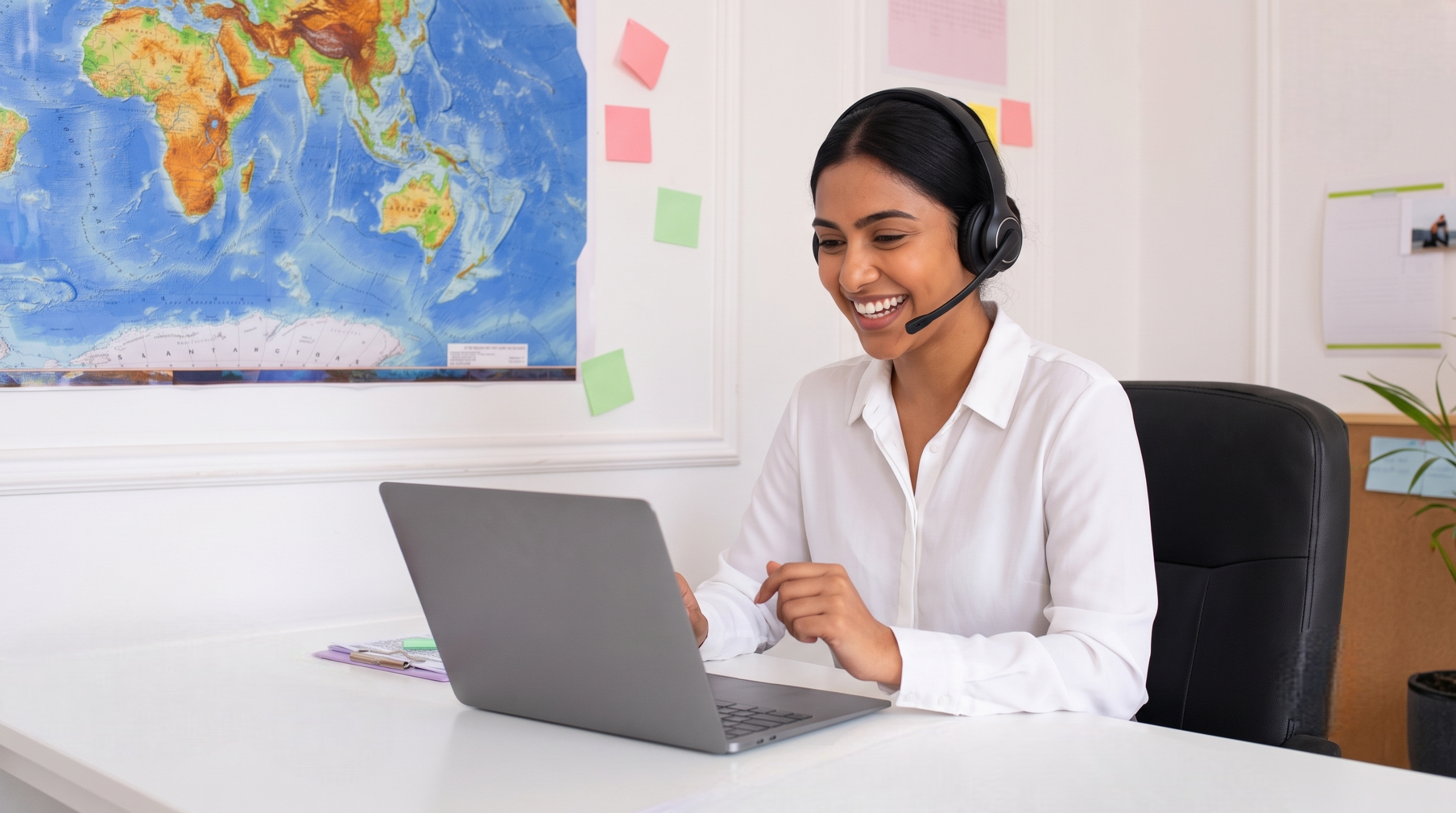 remote travel consultant in India wearing a headset and working on a laptop with a world map behind her