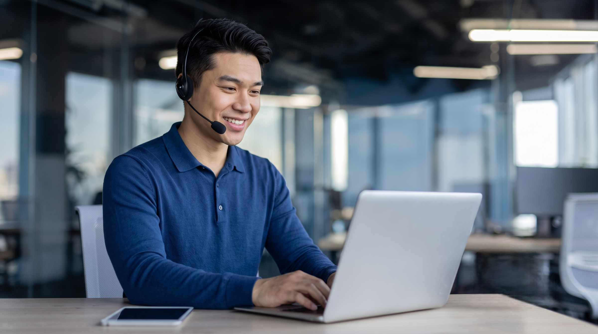 virtual travel consultant in Malaysia with a headset typing on his laptop at a desk