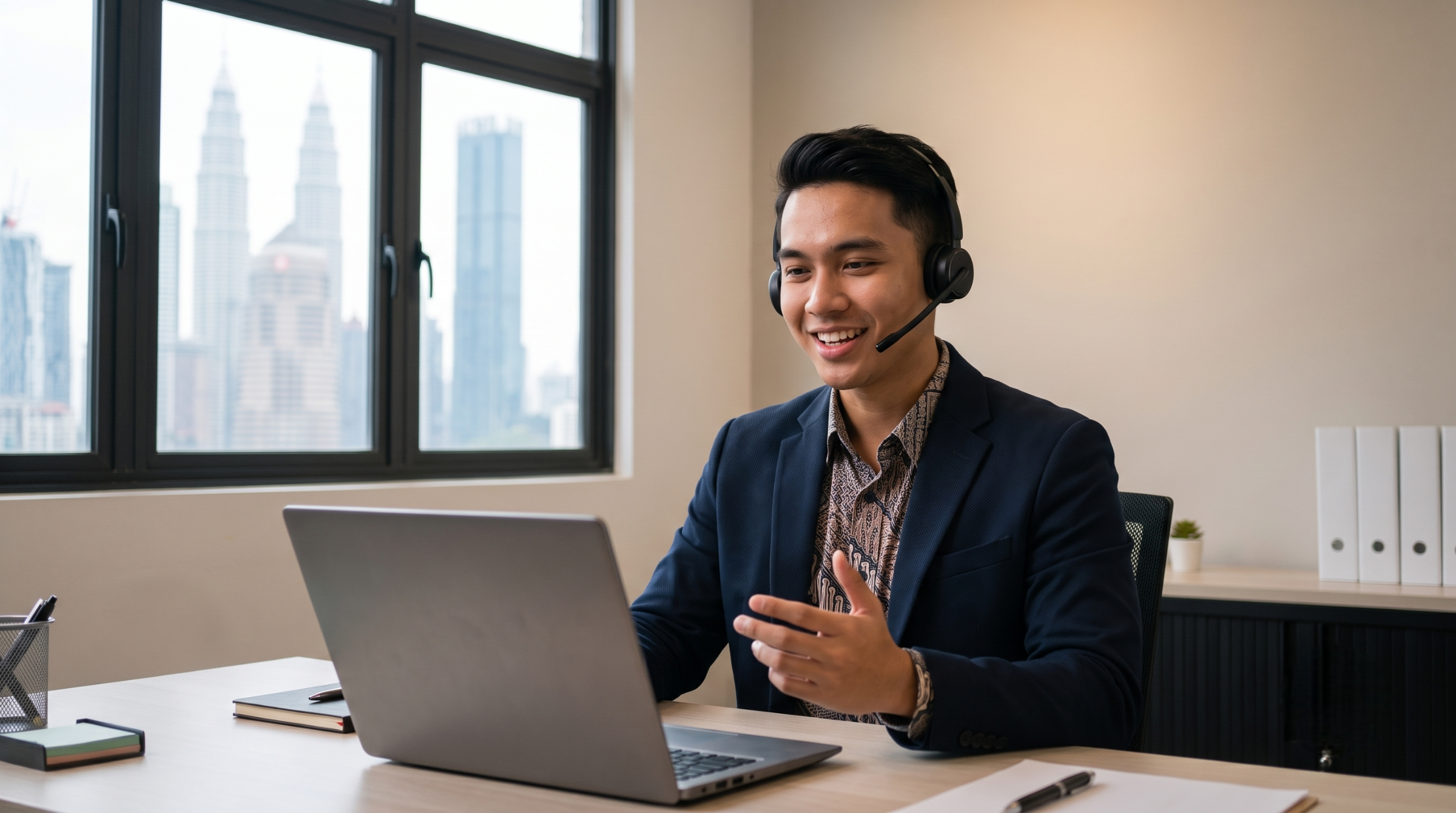 outsourced reservations agent in Malaysia smiling while speaking on a headset in front of a laptop with city views