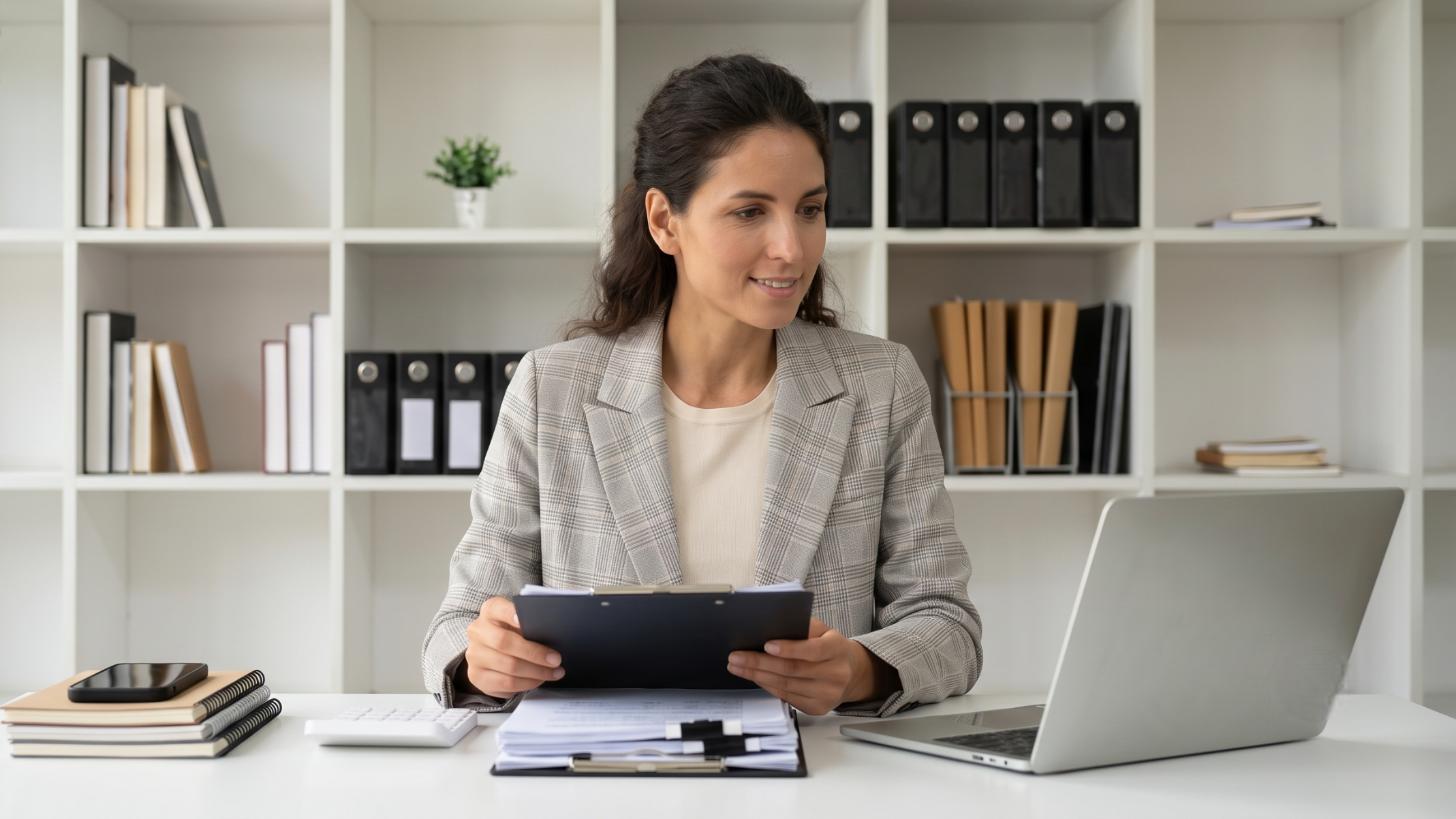 female remote accounting manager reviewing financial documents on a clipboard in front of a laptop and white bookshelf in Colombia