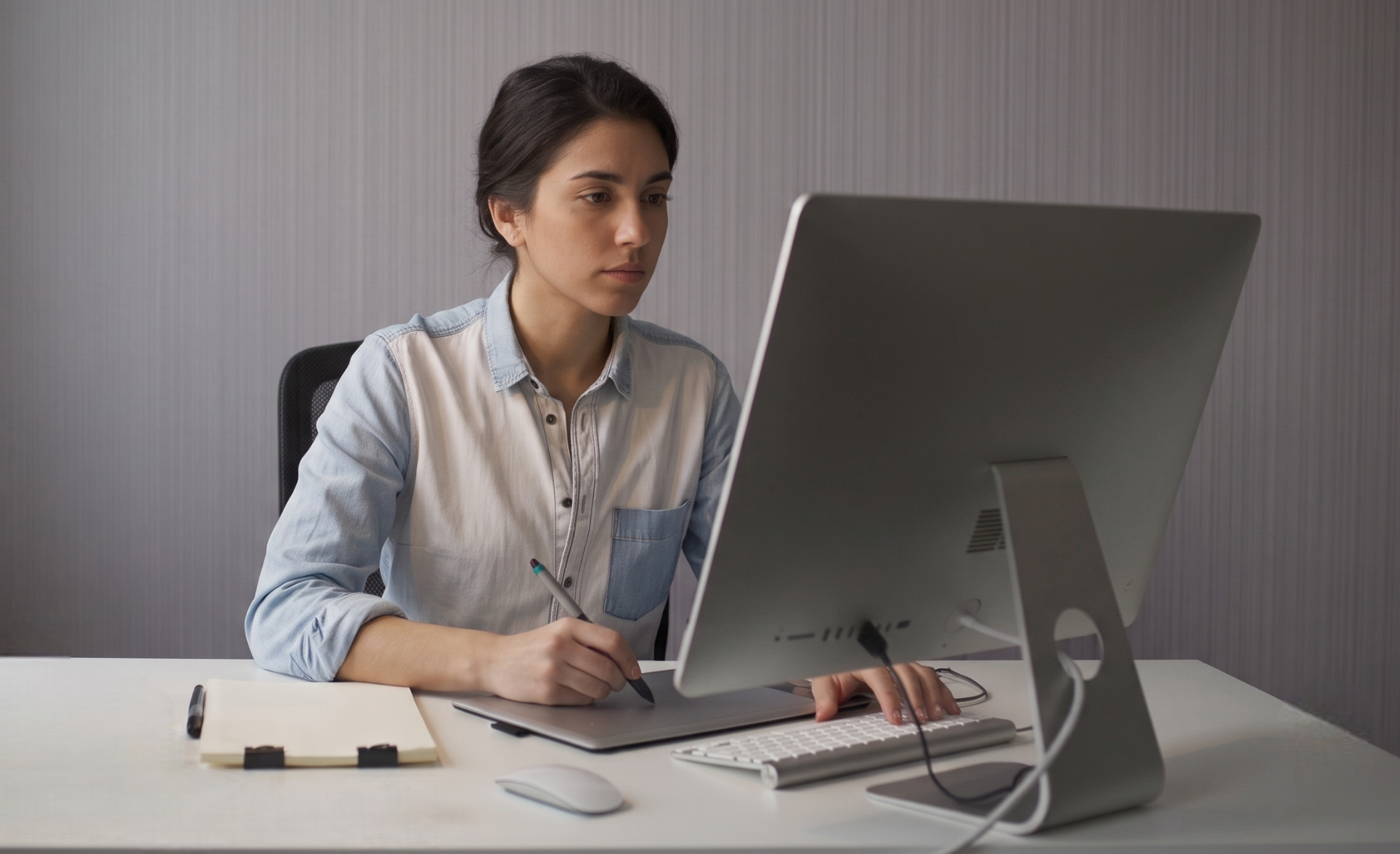 focused female remote animator using a stylus tablet in front of a desktop computer
