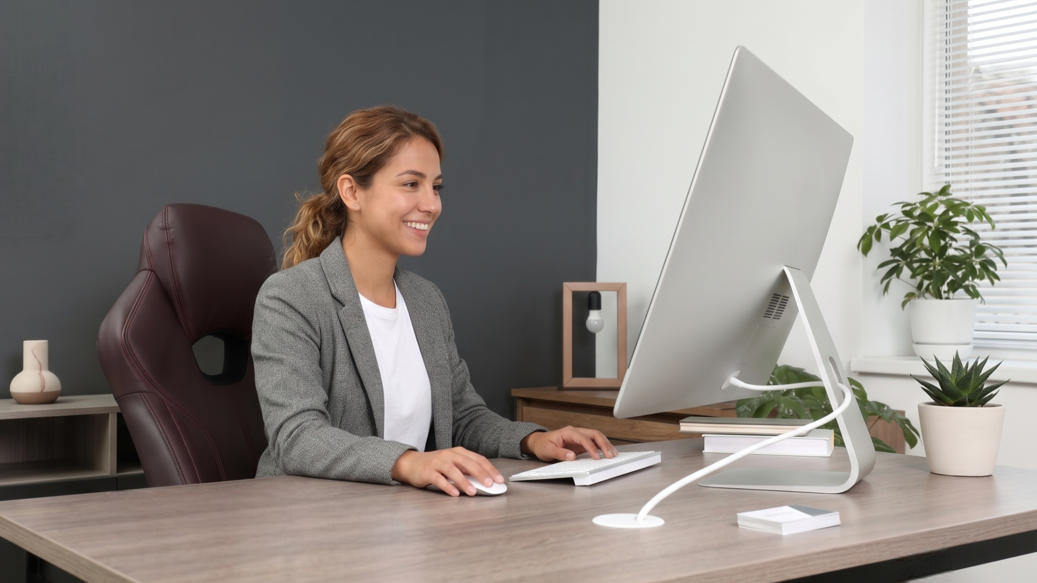 Professional woman working on a desktop computer, providing bim coordination outsourcing services