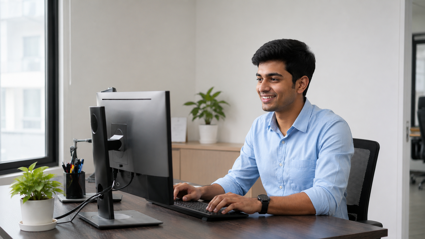 Male specialist reviewing 3D building models at his workstation as part of bim staffing solutions
