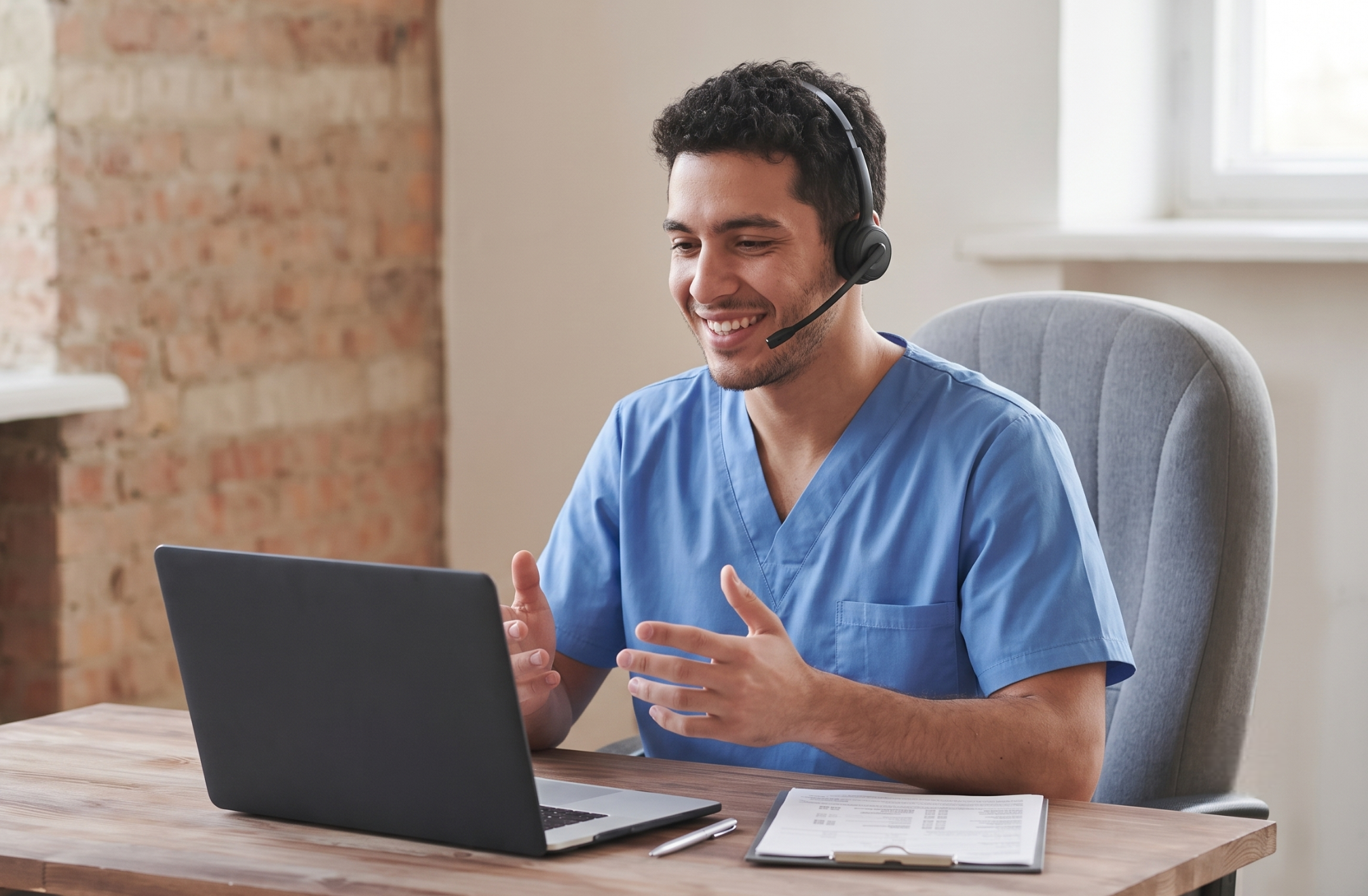 male remote clinical trial coordinator in Argentina gesturing during a video call on his laptop from a home office