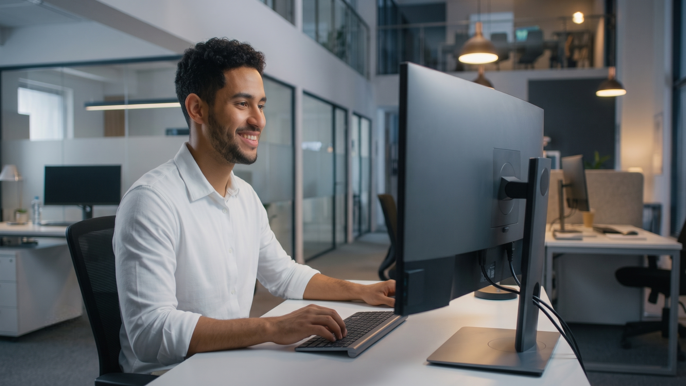 Male candidate placed via cybersecurity engineer staffing working on desktop monitor at bright desk