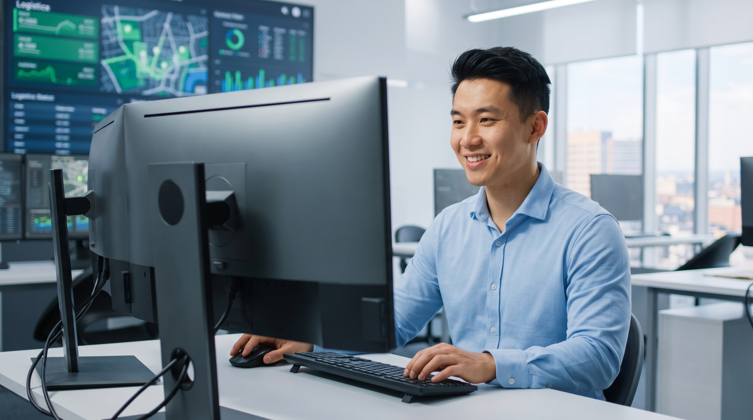 remote cybersecurity engineer analyzing system dashboard data on dual desktop screens