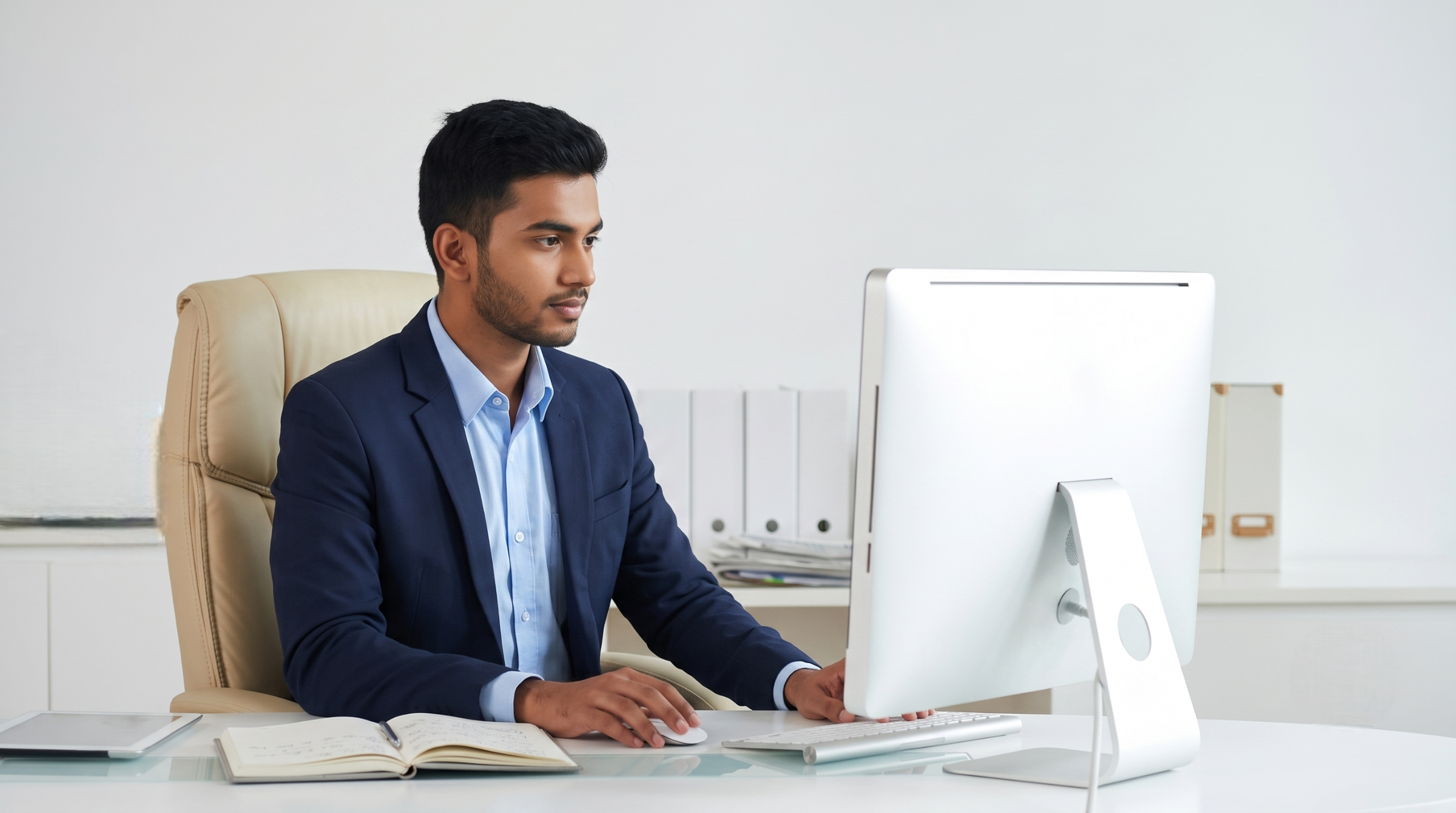 A remote financial accountant in India working on a desktop computer at a modern desk