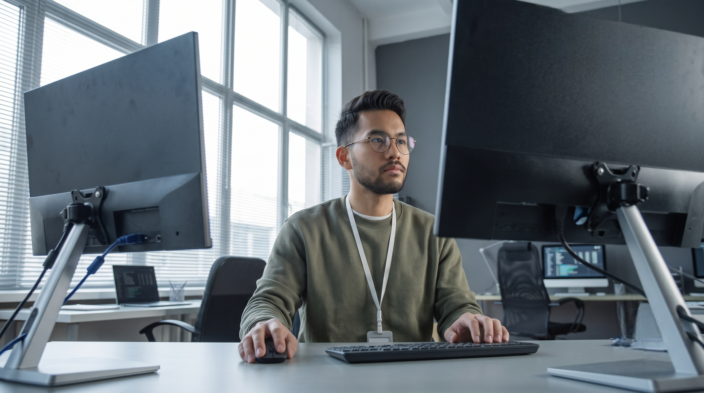 A remote platform engineer working with a dual monitor setup