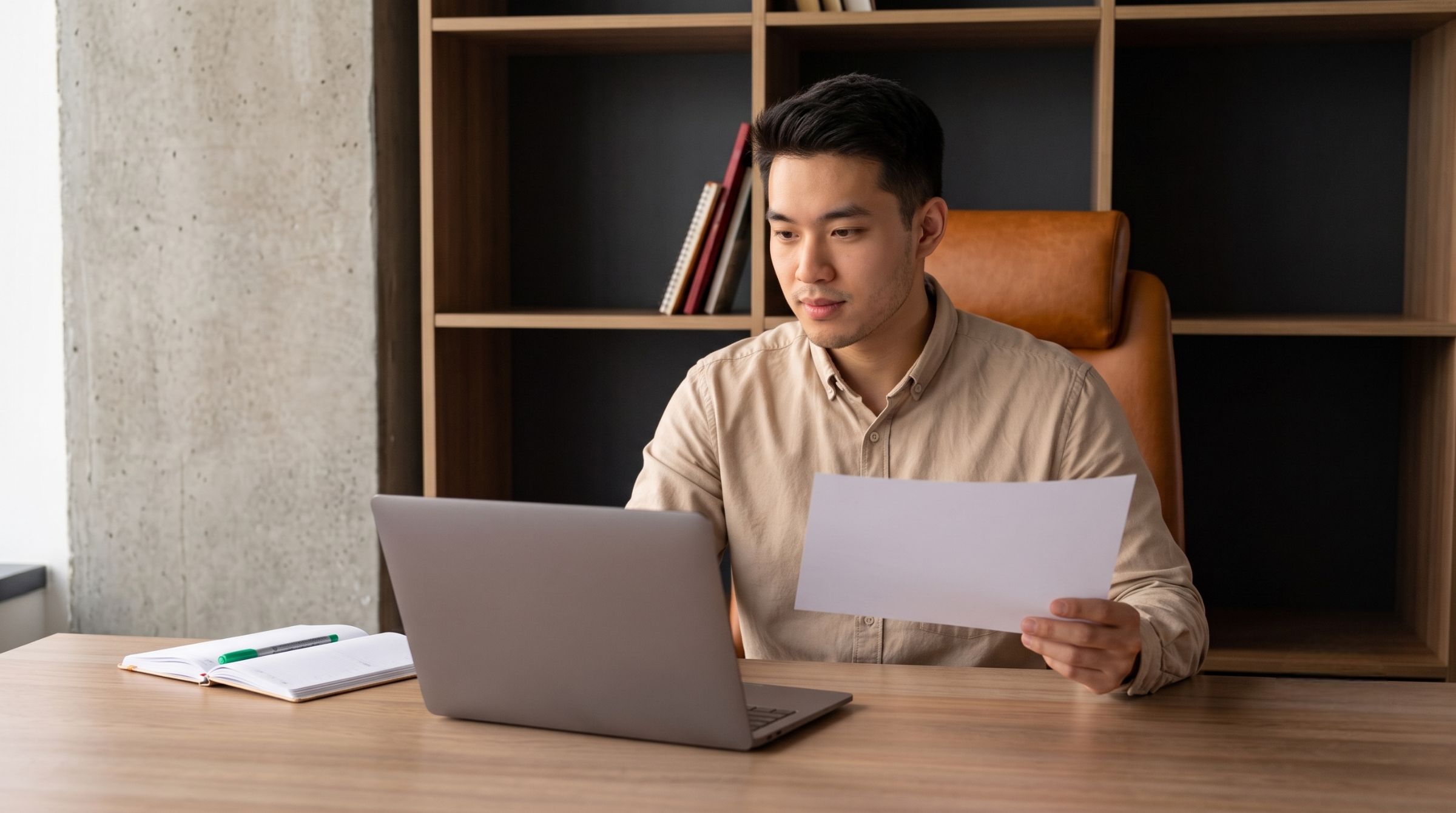 focused quality control analyst remote specialist reviewing a document while working on a laptop at a wooden desk