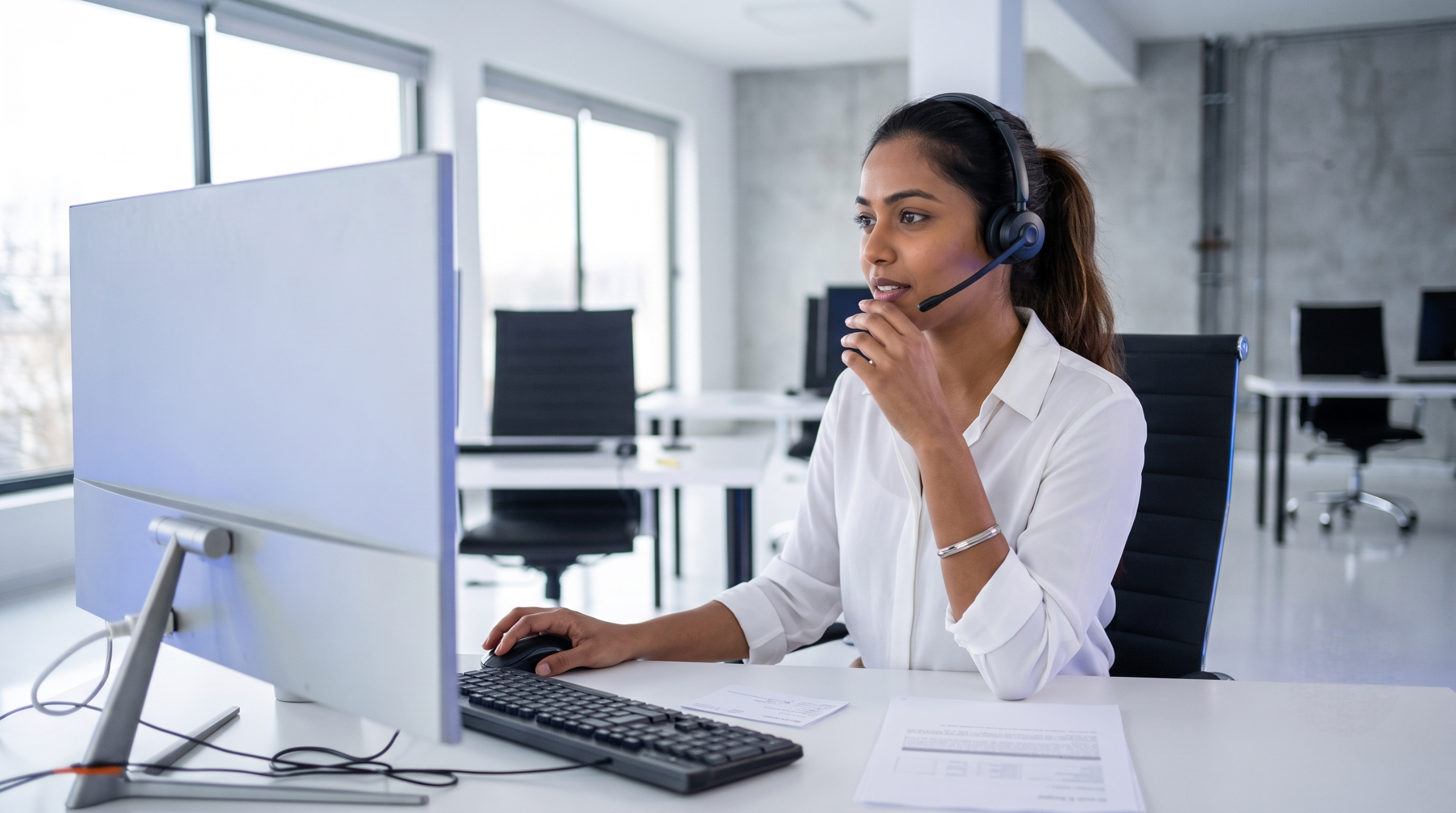 remote reservations agent in India wearing a headset and working on a computer in a modern office space