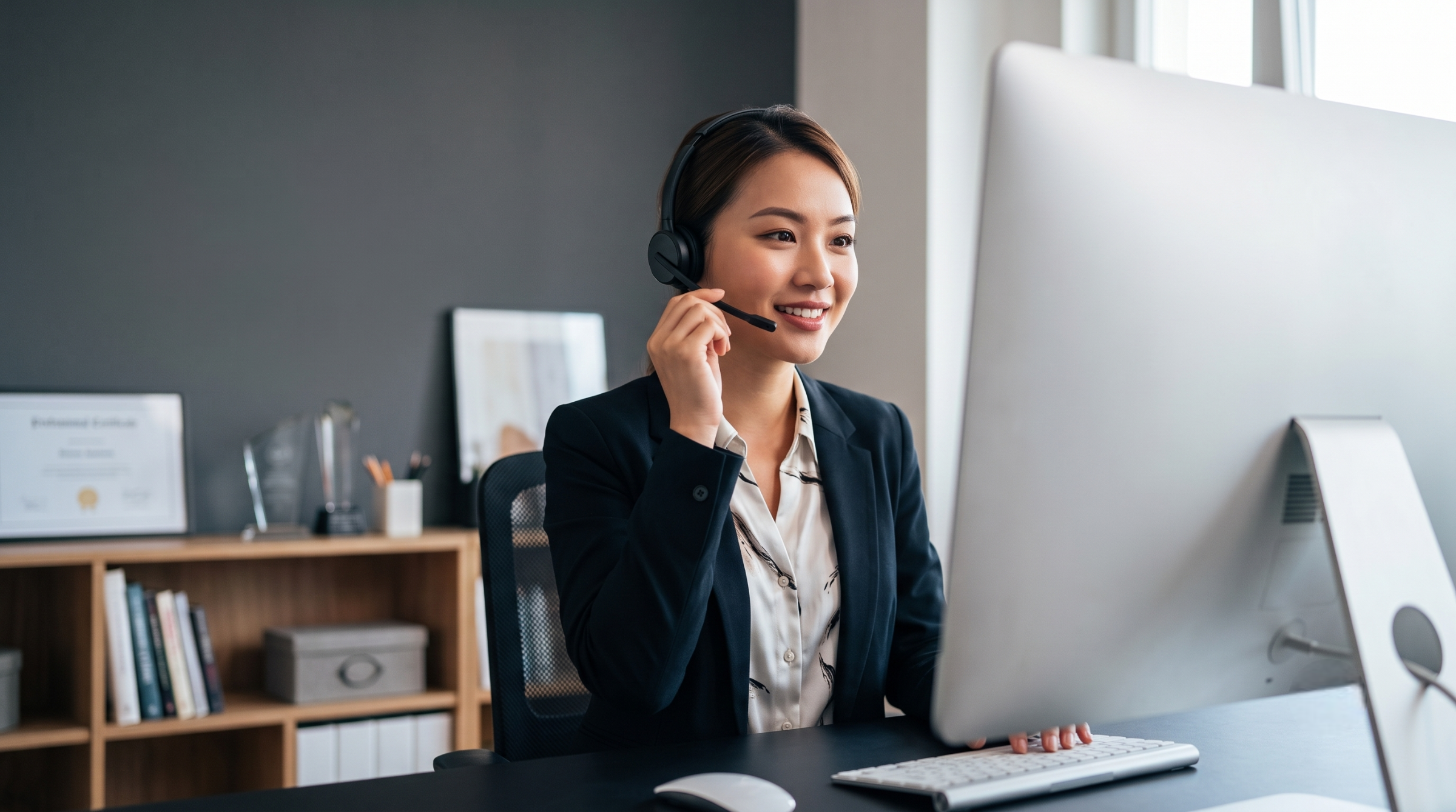 professional remote reservations agent in Vietnam smiling and taking a customer call on a desktop computer