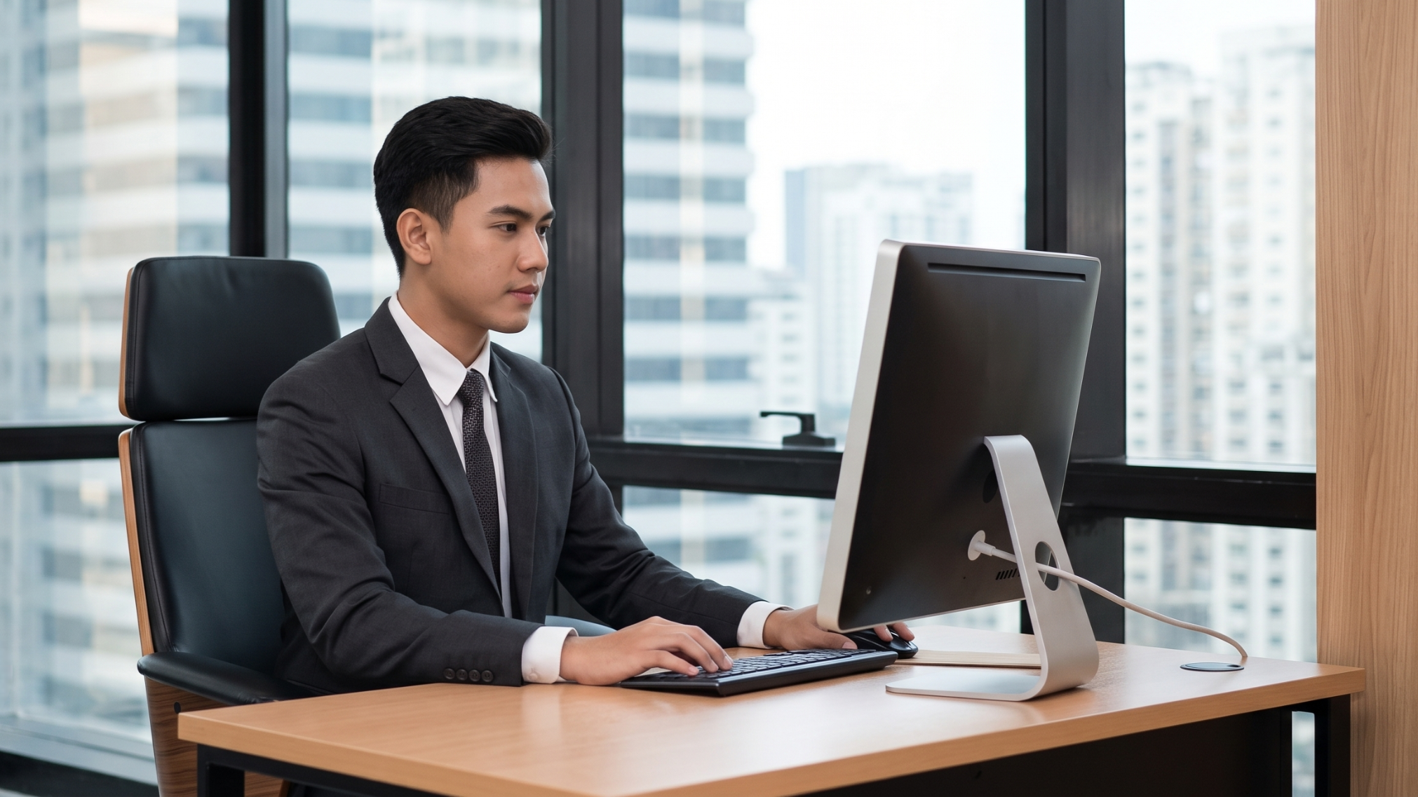 remote revenue operations specialist in Malaysia working on a computer by a high-rise window