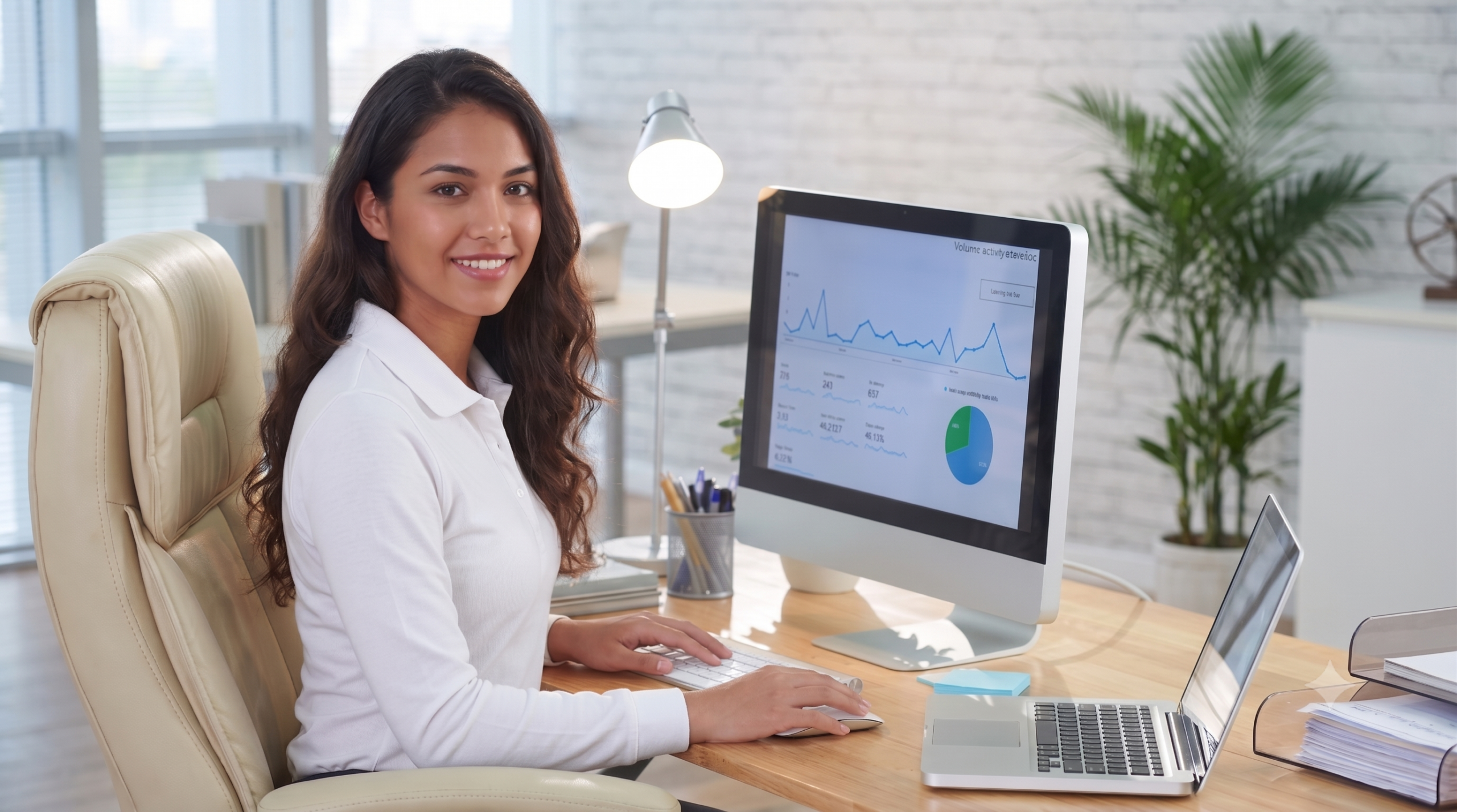 latina outsourced risk analyst at her desk while analyzing data on dual monitors