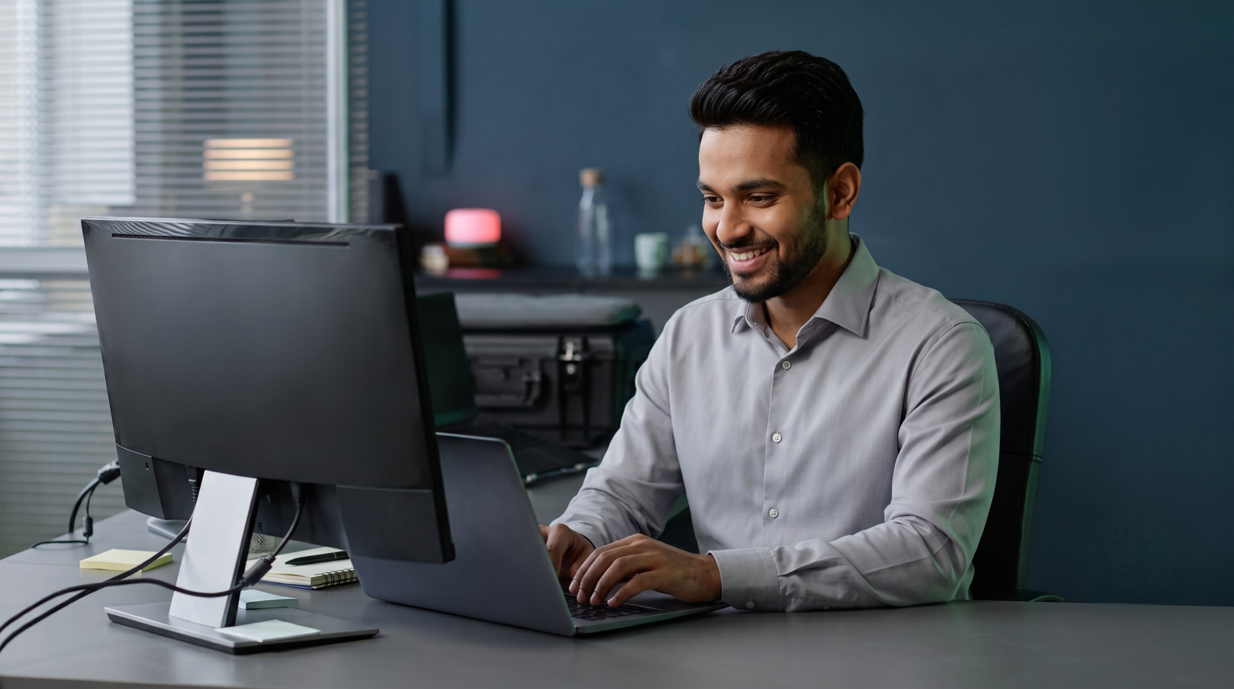 Remote security consultant in India working at a desktop computer