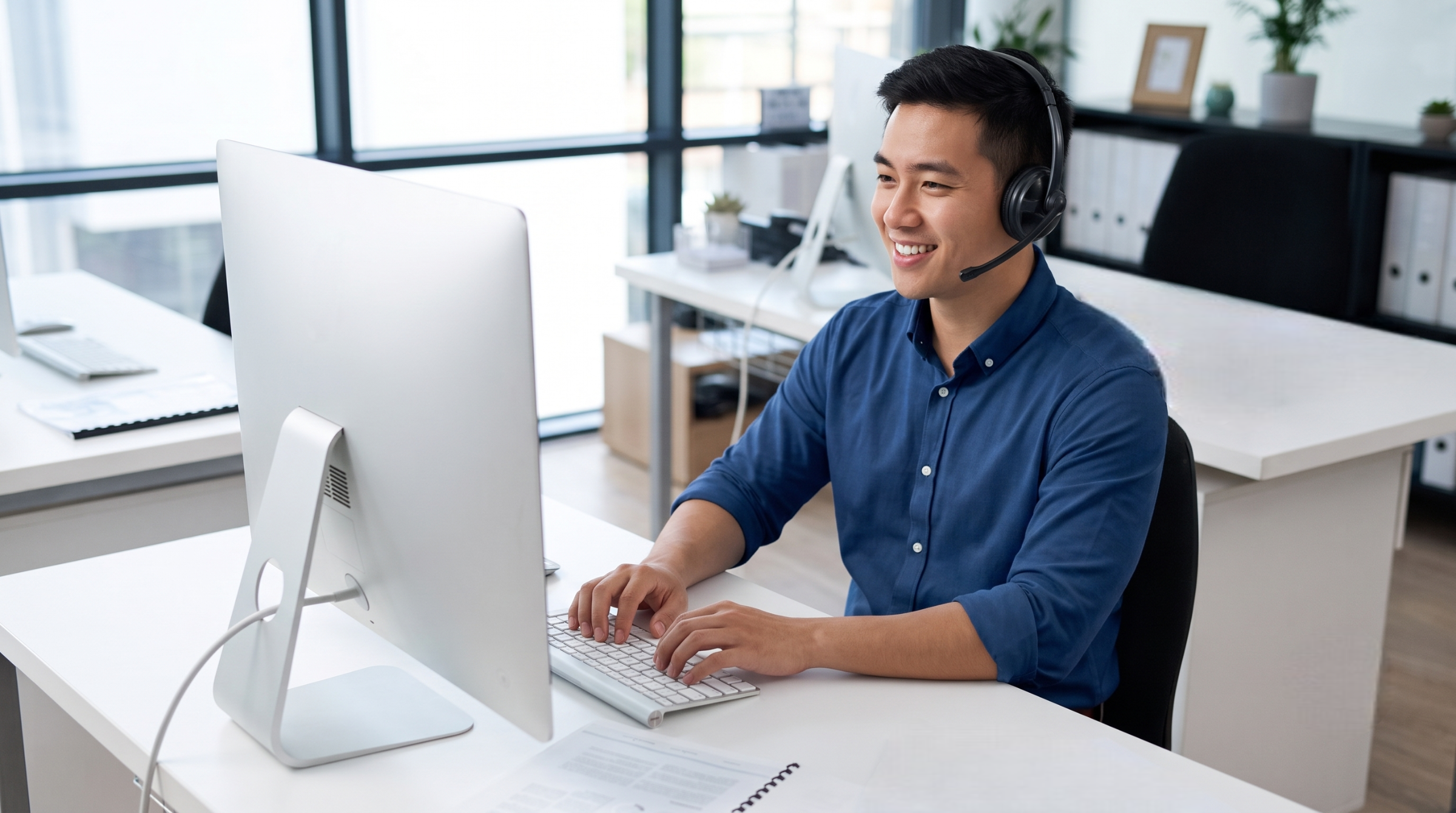 male remote service coordinator typing on a keyboard at a bright office desk