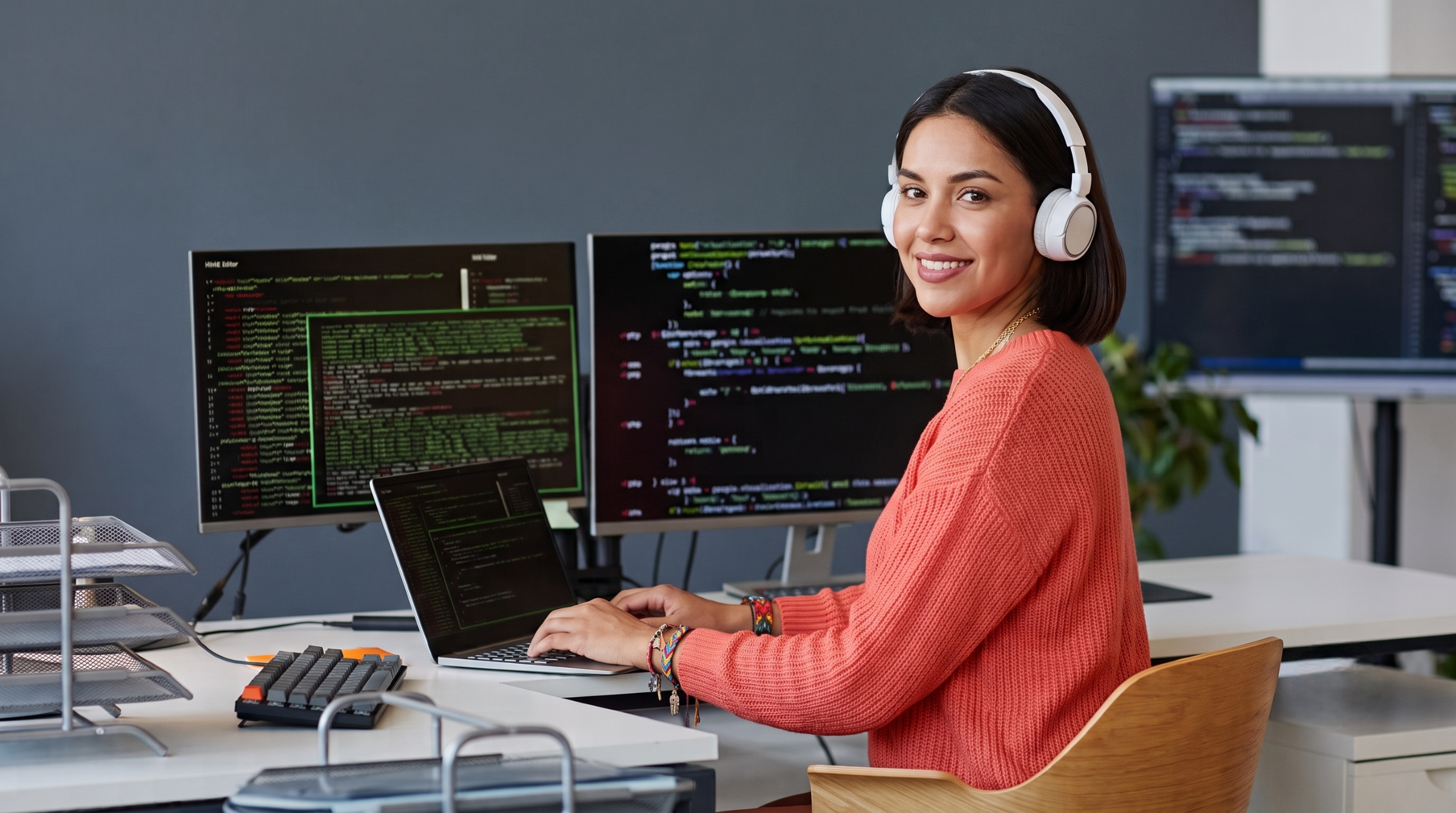 Smiling remote site reliability engineer wearing headphones at a multi-monitor coding setup