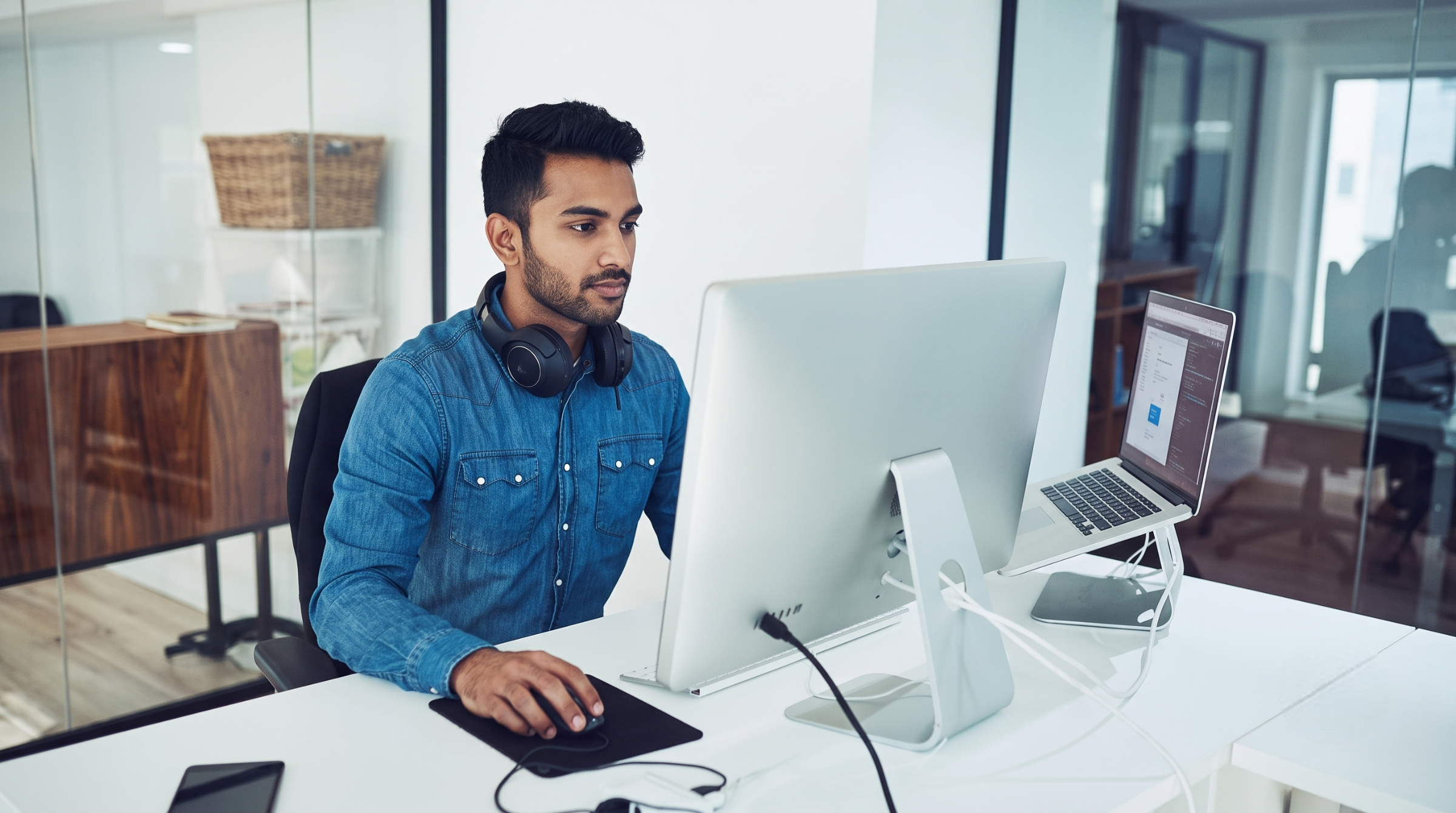 Focused site reliability engineer hire candidate working on a desktop computer and laptop