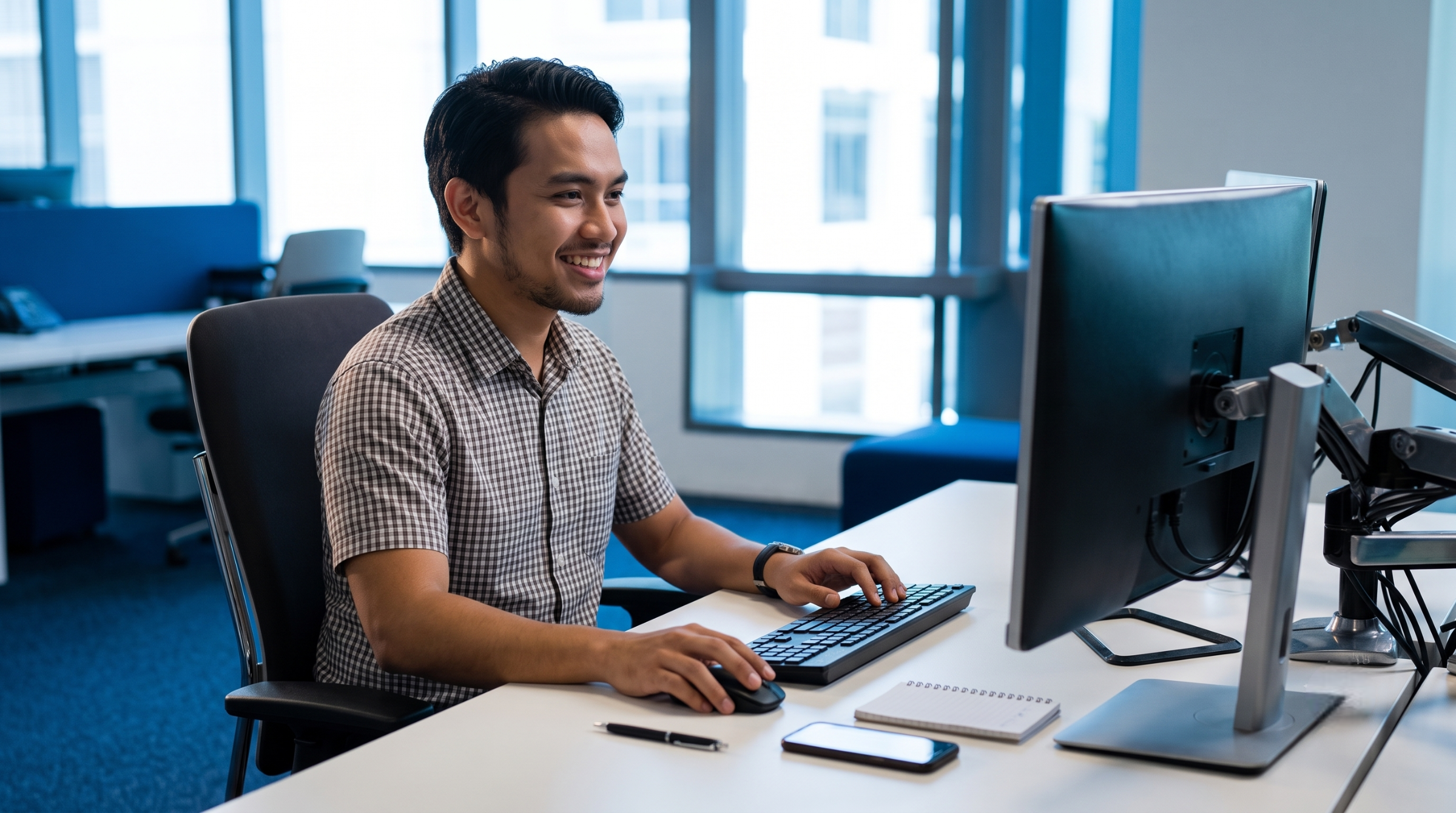 Smiling site reliability engineer working on a desktop computer at his desk