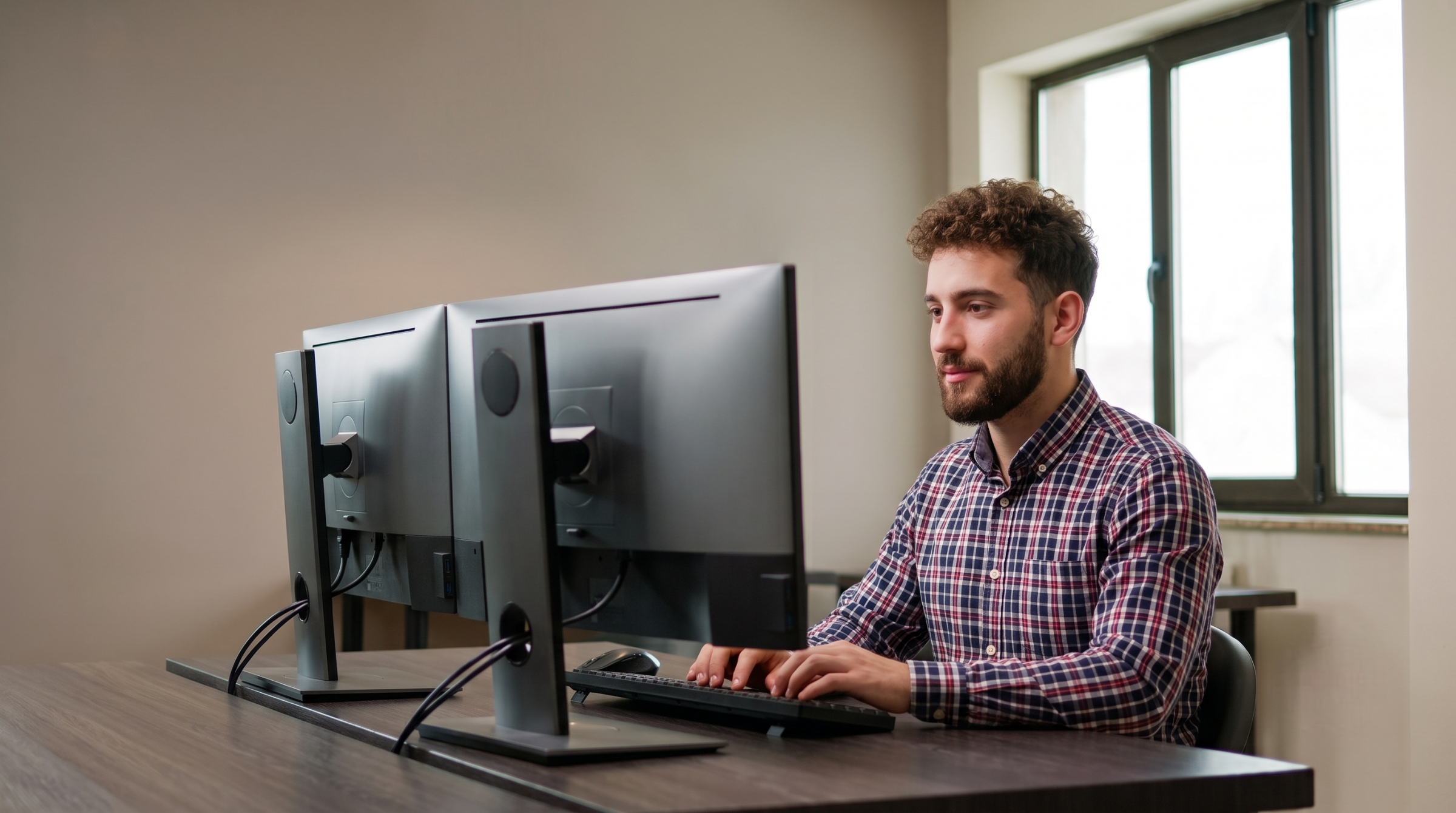 Site reliability engineer remote set up with dual monitors in a home office