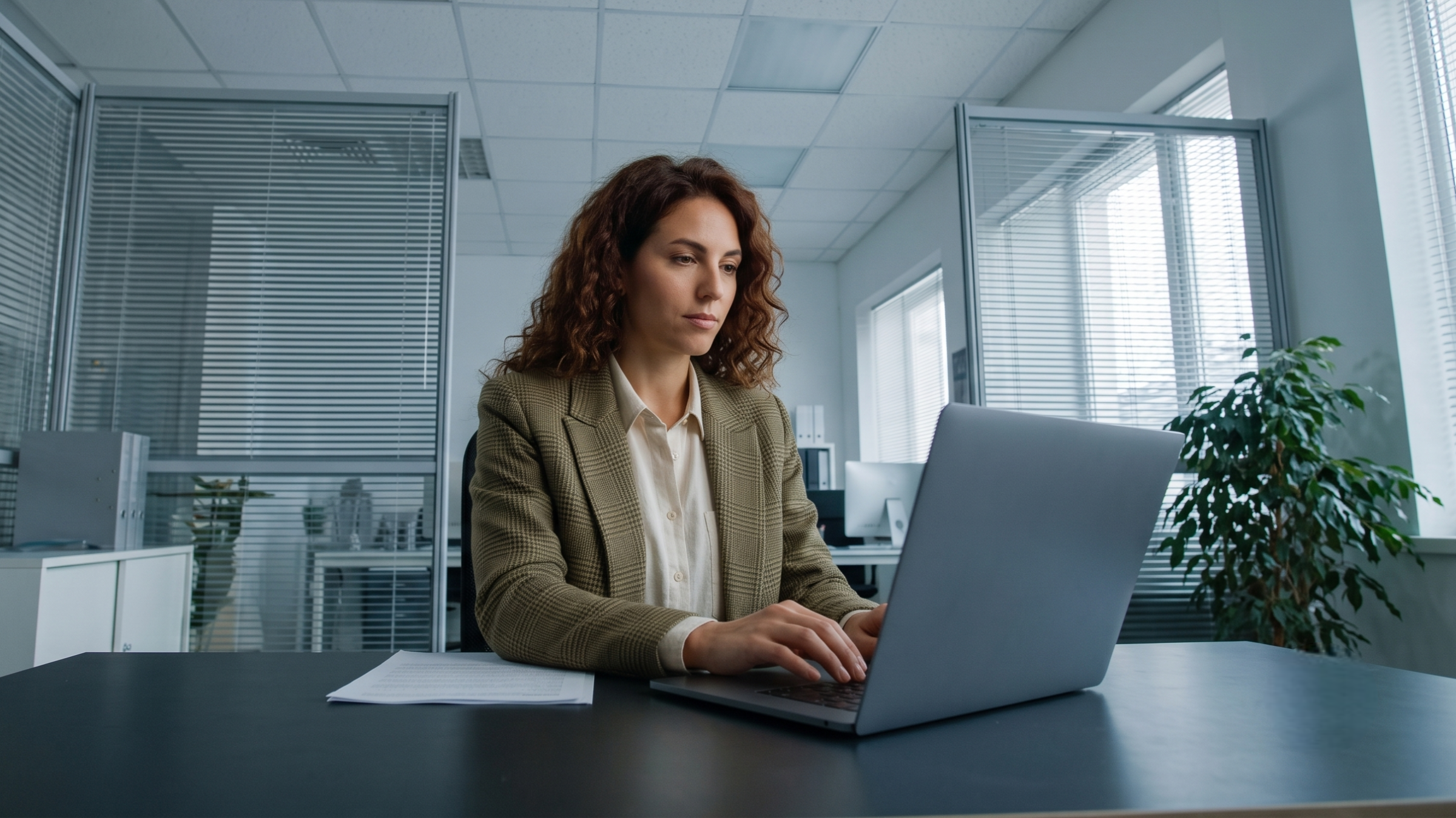 focused talent acquisition coordinator remote professional typing on her laptop at a desk in a modern corporate office