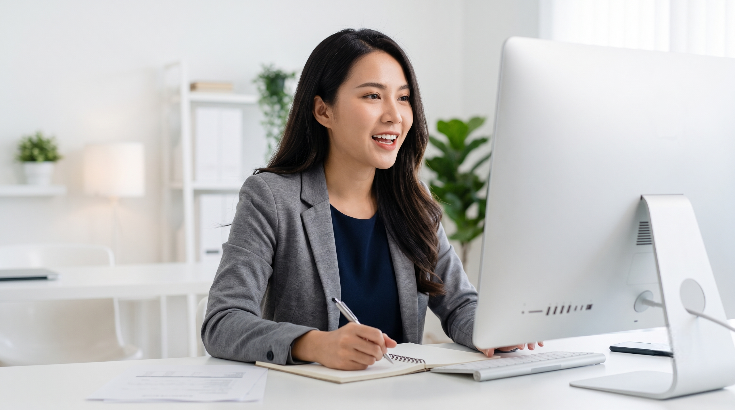 HR specialist working as a remote talent acquisition coordinator, smiling while taking notes in front of a desktop monitor