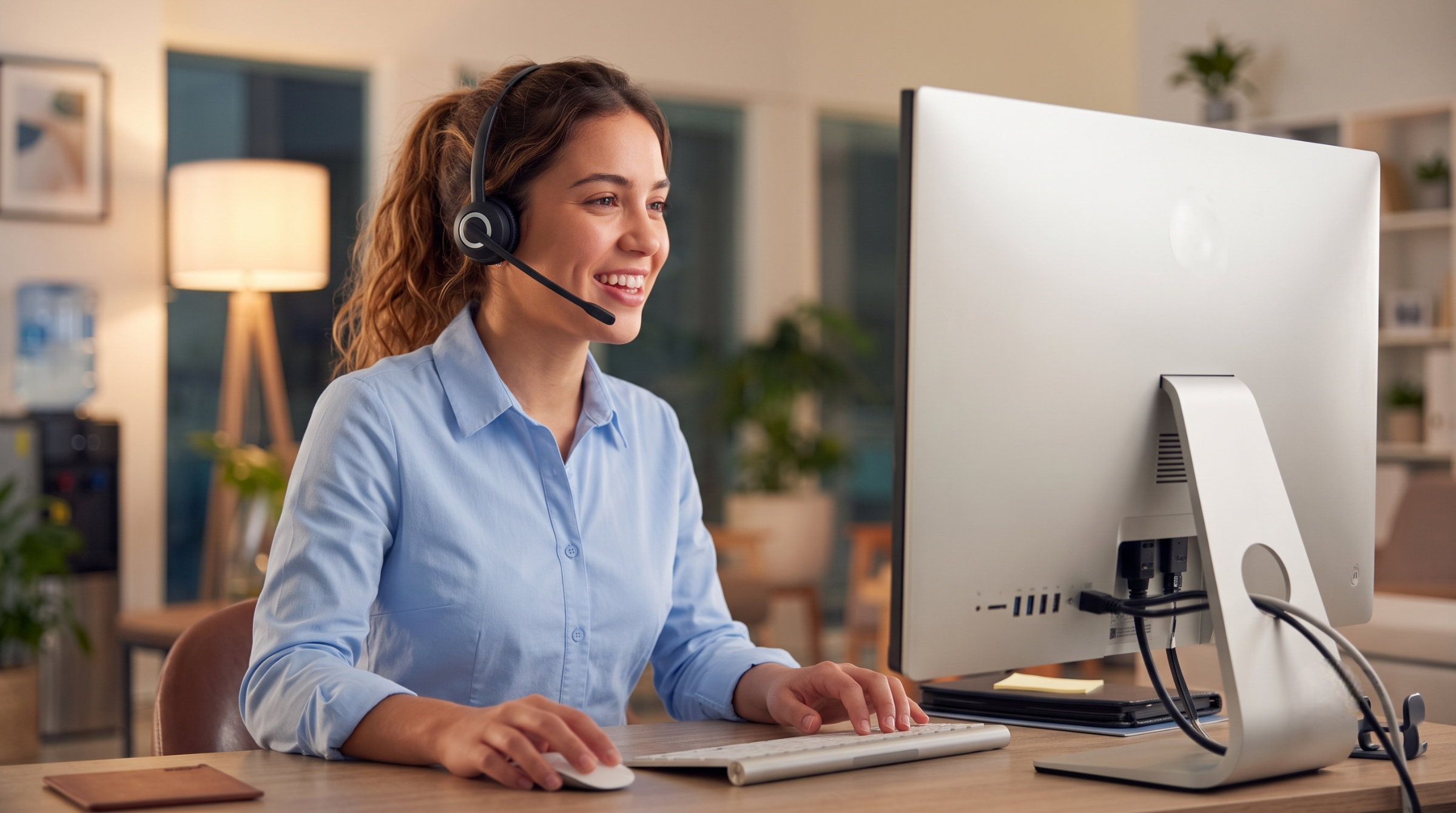 travel consultant remote in Argentina assisting clients on a desktop computer with a headset