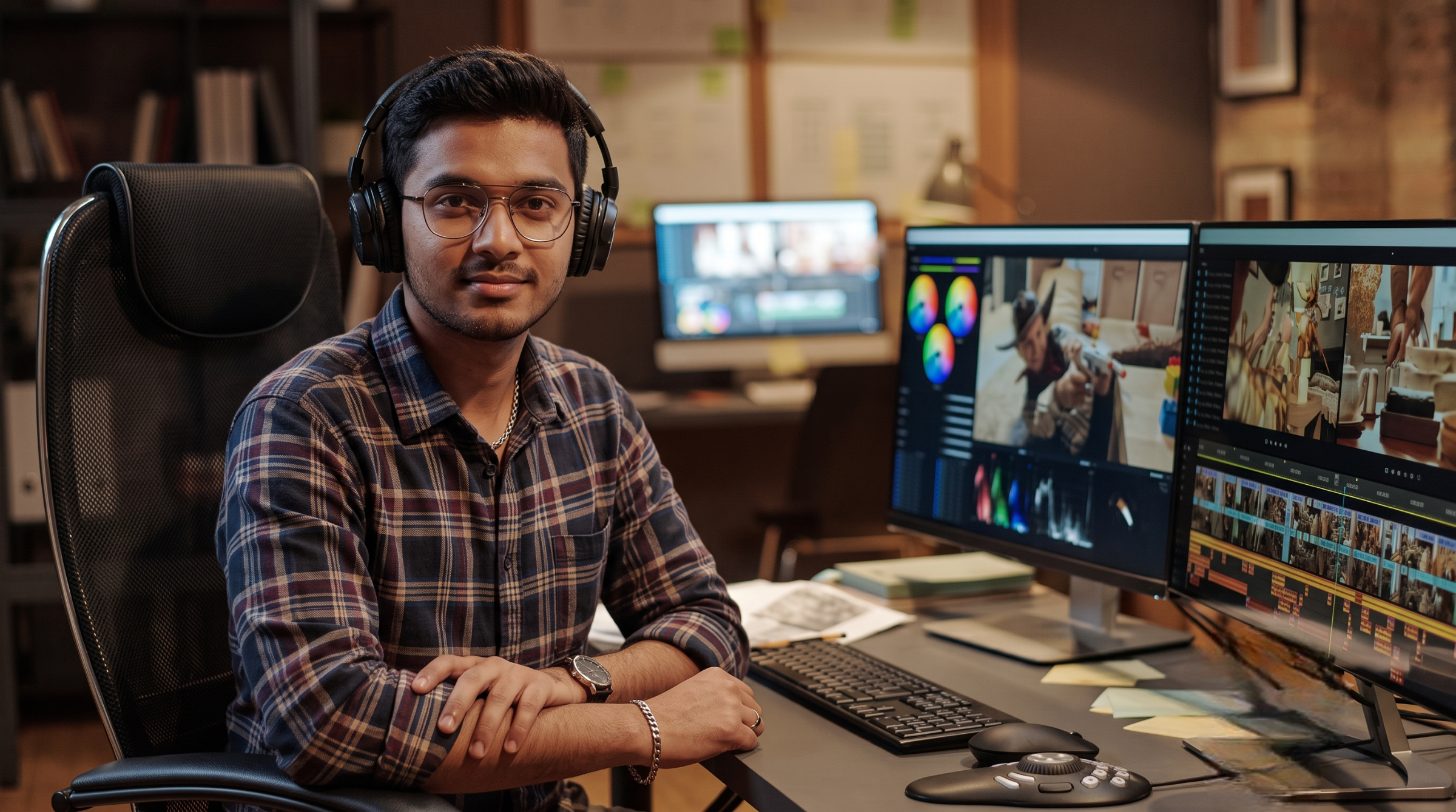 An experienced offshore animator wearing headphones sitting at a dual-monitor editing workstation