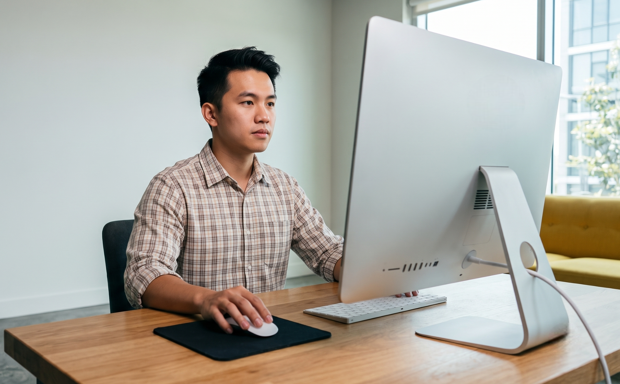 A male remote animator in a plaid shirt reviewing work on a large desktop monitor
