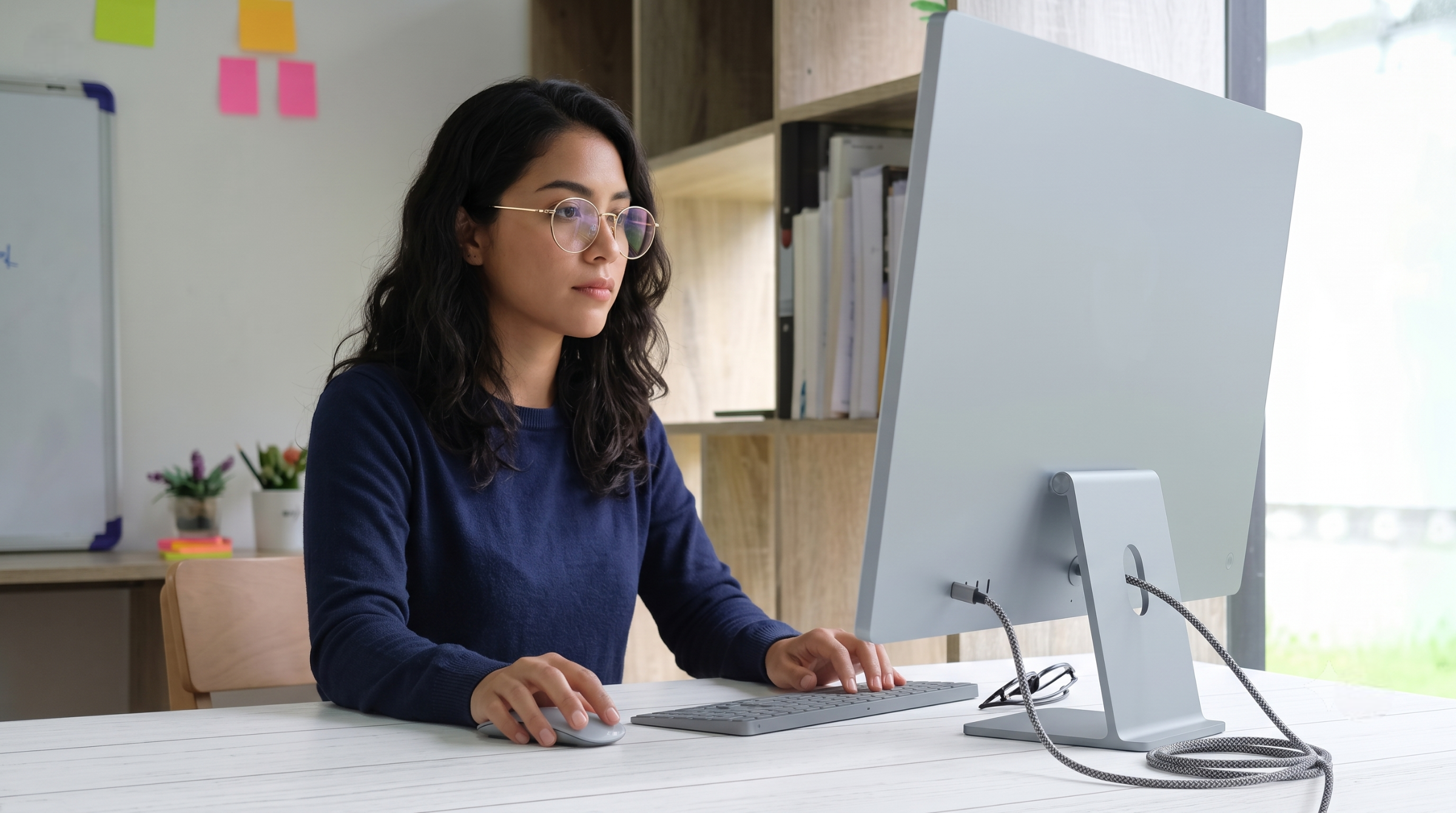 focused virtual image editor in Argentina working on a computer at a white office desk