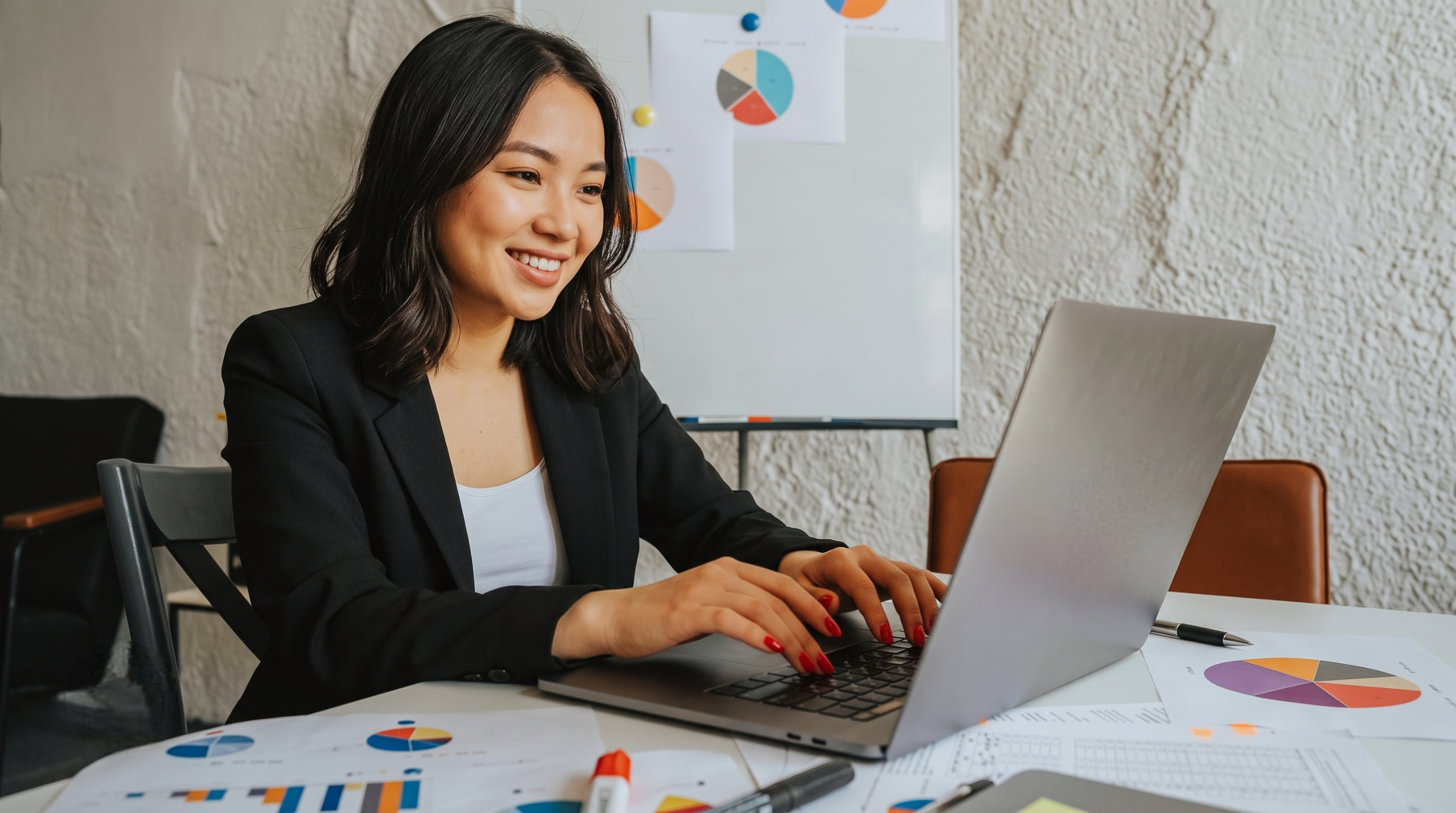 smiling virtual marketing assistant in her 20s typing on a laptop at her office desk surrounded by charts and graphs