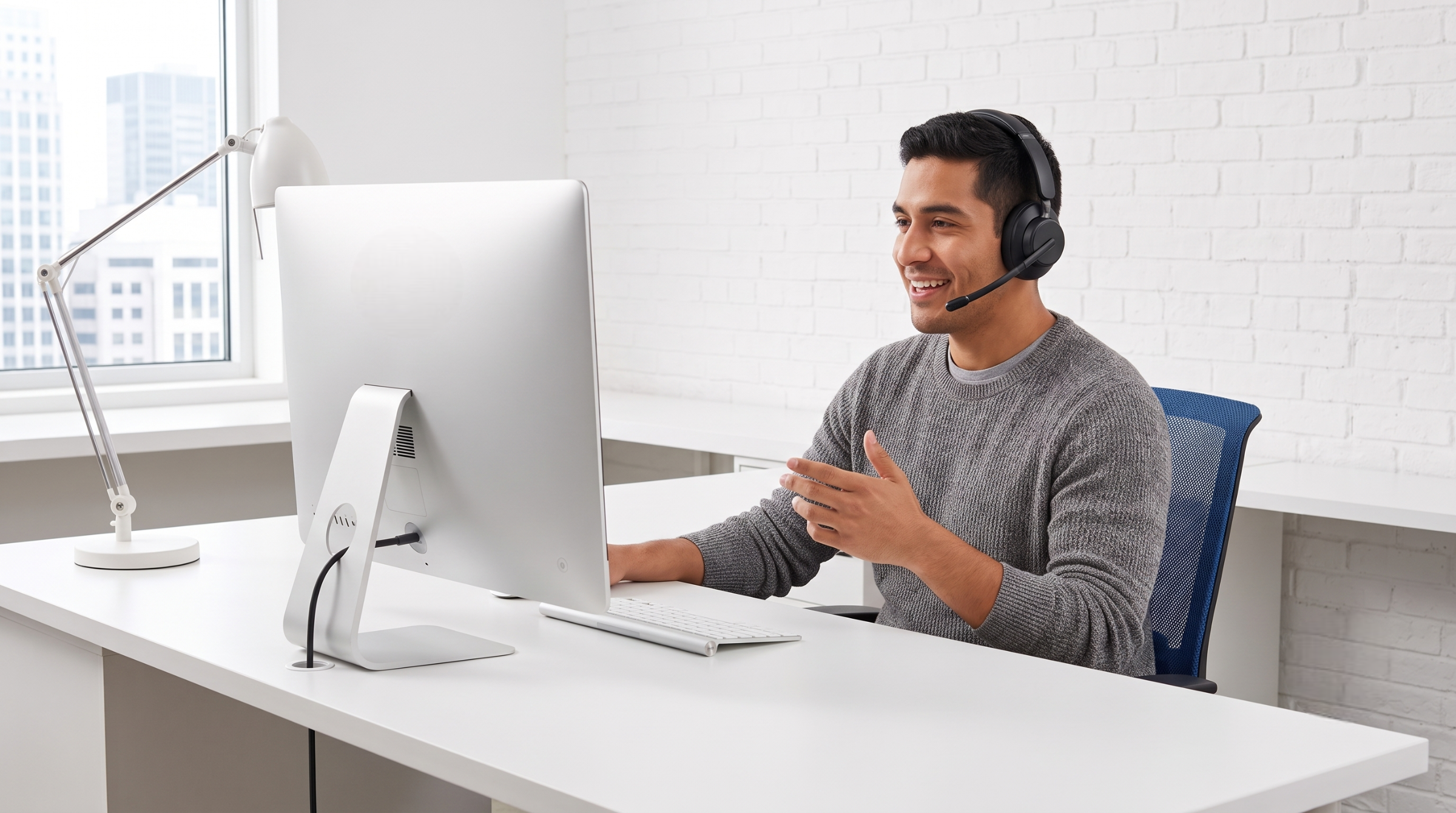 professional virtual travel consultant in Colombia gesturing while speaking with clients through his computer headset