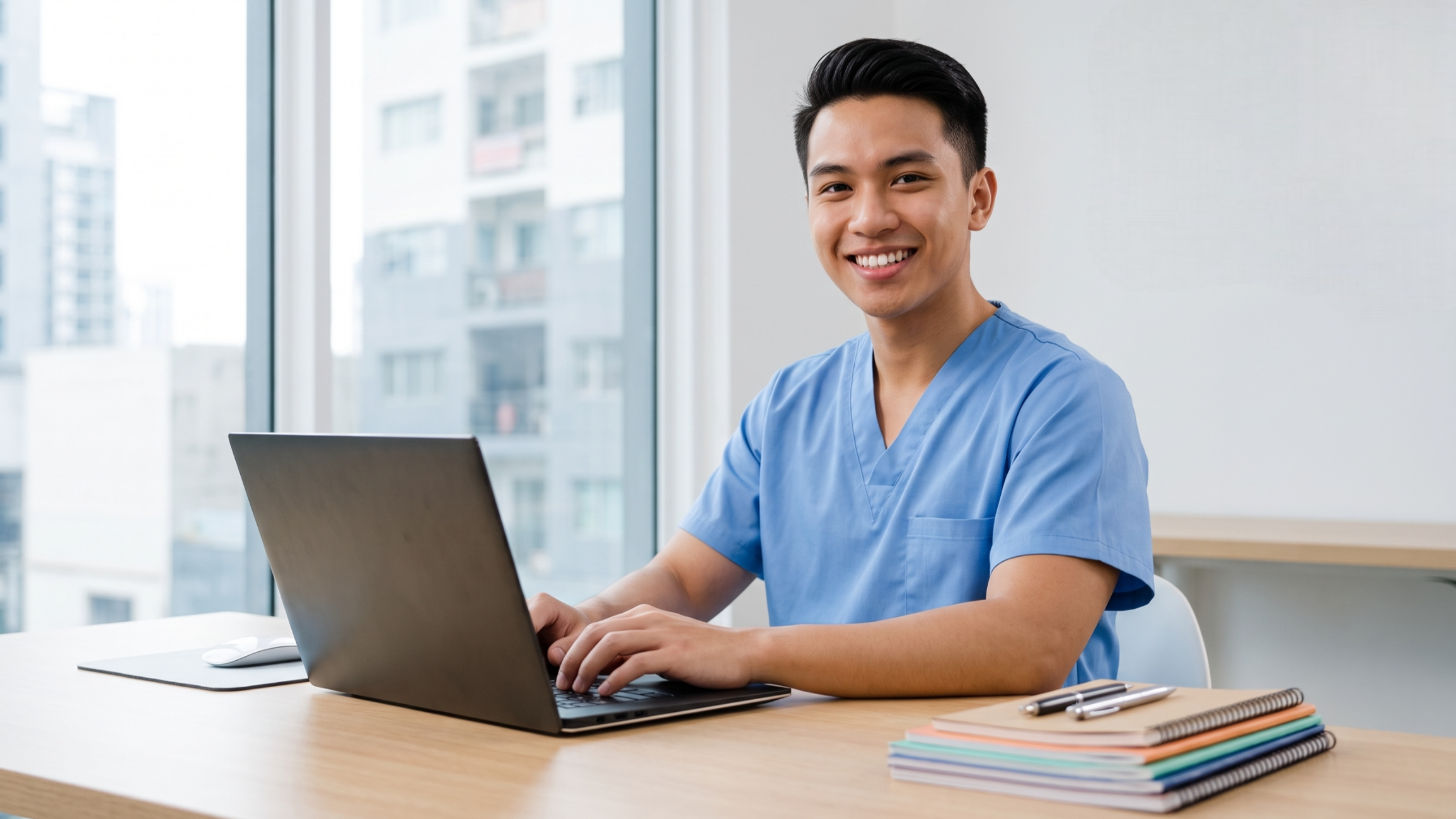 Digital media coordinator working at a laptop