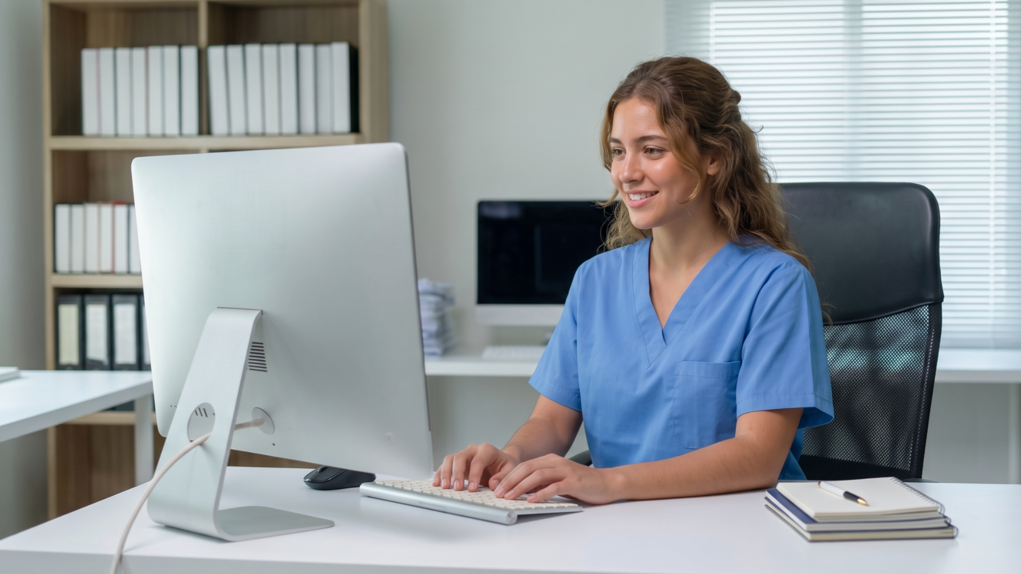 Remote media coordinator working at a desktop